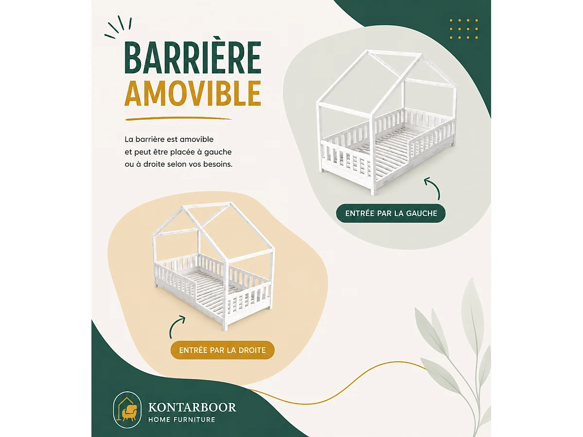 Lit Cabane Enfant 90x190 cm – Blanc – Style Scandinave – Structure Bois Massif – avec Barrières de Sécurité.