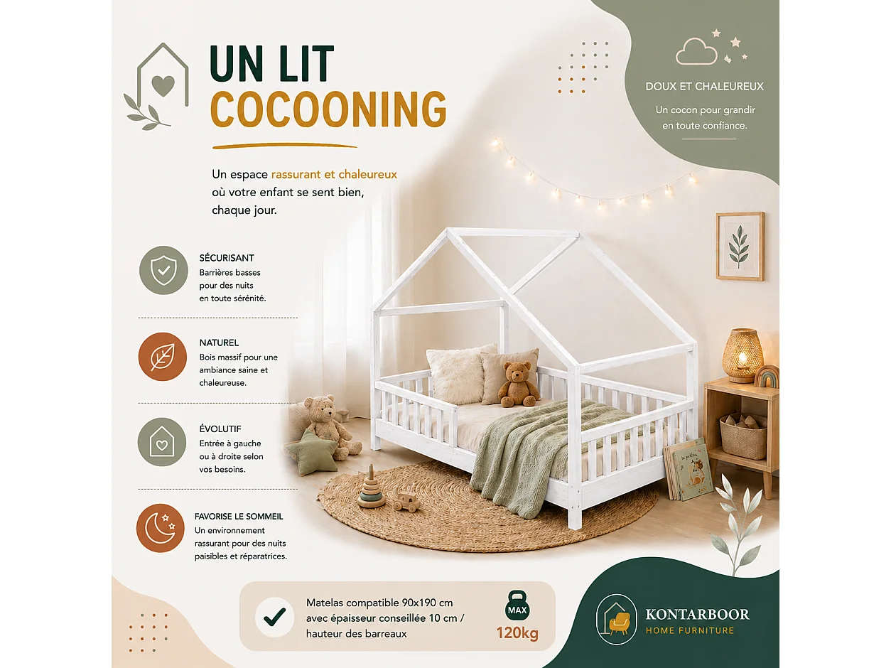 Lit Cabane Enfant 90x190 cm – Blanc – Style Scandinave – Structure Bois Massif – avec Barrières de Sécurité.
