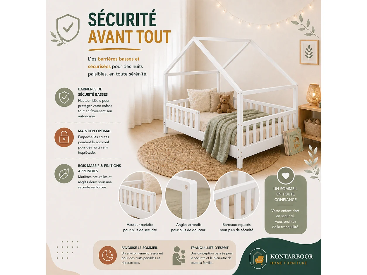 Lit Cabane Enfant 90x190 cm – Blanc – Style Scandinave – Structure Bois Massif – avec Barrières de Sécurité.