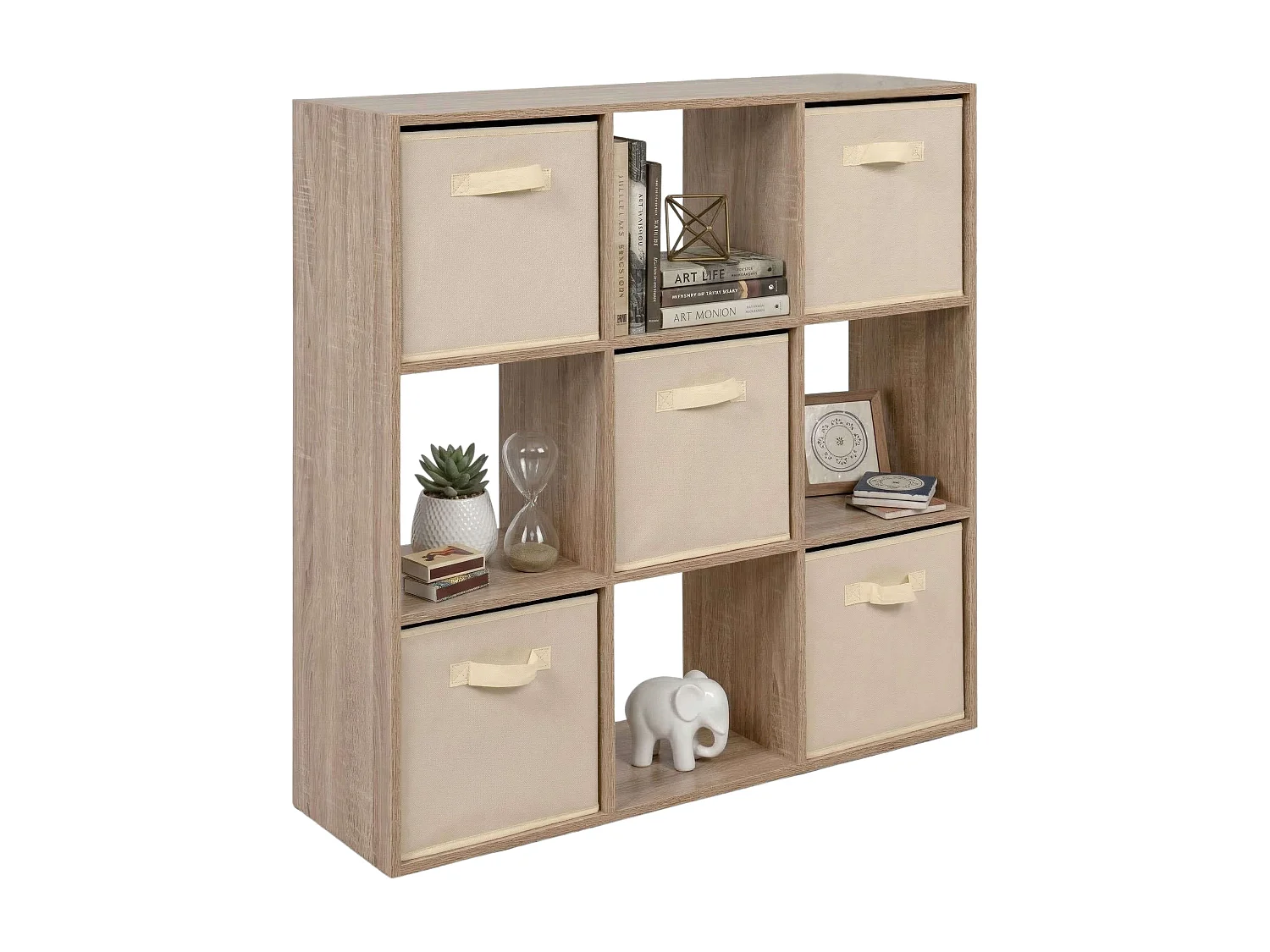 Estante Abril em melamina com 5 gavetas, estofada em tecido e com 4 compartimentos abertos, 89x89x28 cm