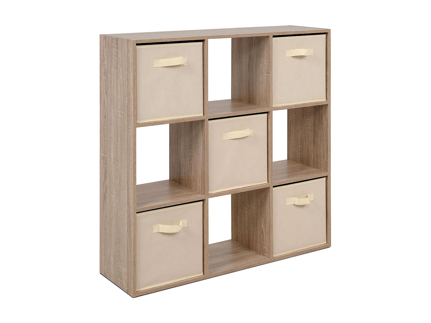 Estante Abril em melamina com 5 gavetas, estofada em tecido e com 4 compartimentos abertos, 89x89x28 cm