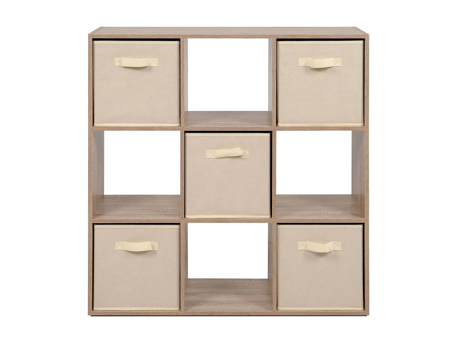 Estante Abril em melamina com 5 gavetas, estofada em tecido e com 4 compartimentos abertos, 89x89x28 cm