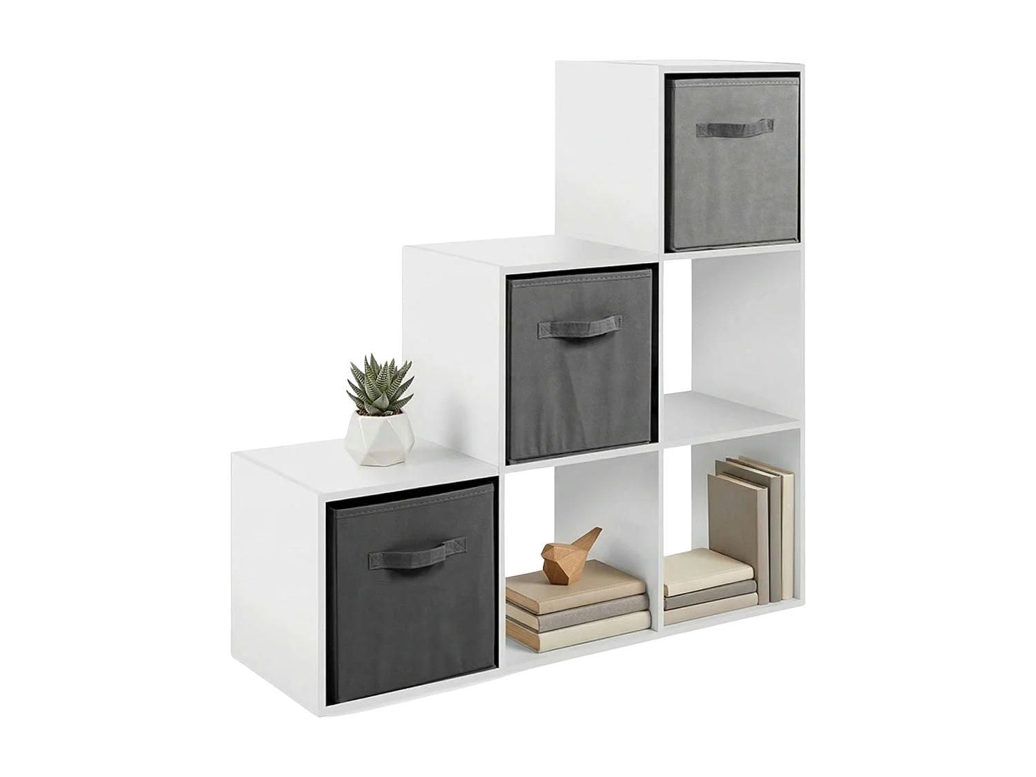 Estante escada April com 3 nichos e 3 gavetas, branca e cinza, 89x89x28 cm