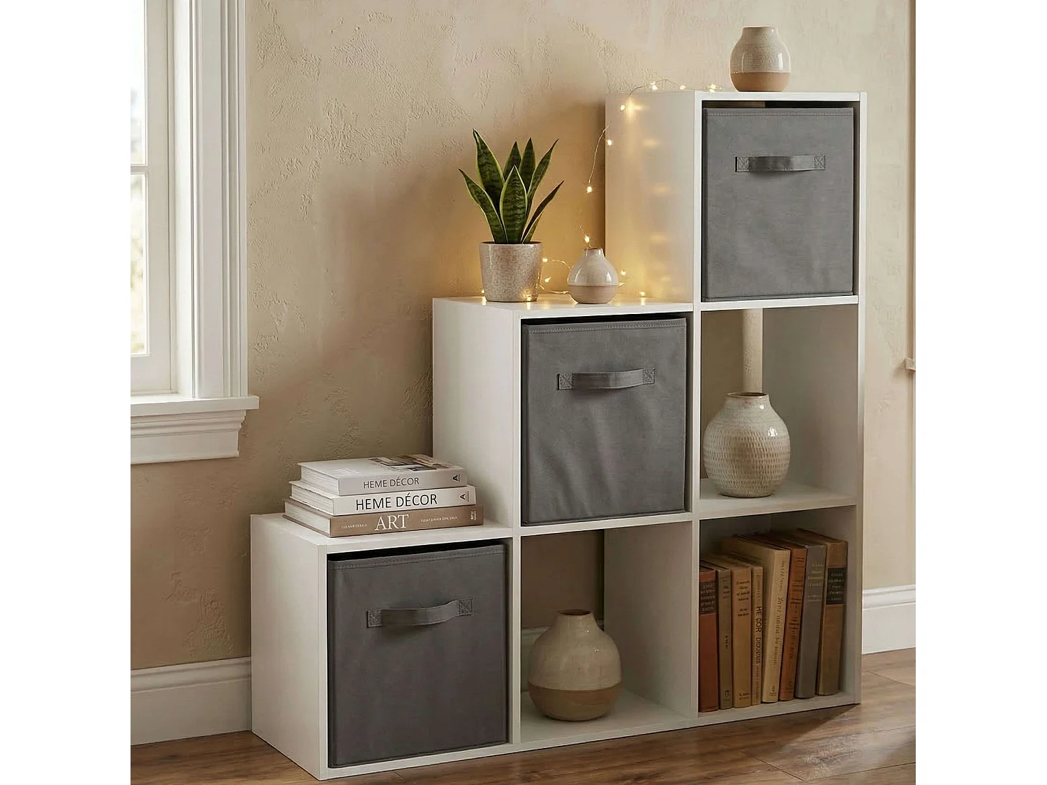 Estante escada April com 3 nichos e 3 gavetas, branca e cinza, 89x89x28 cm