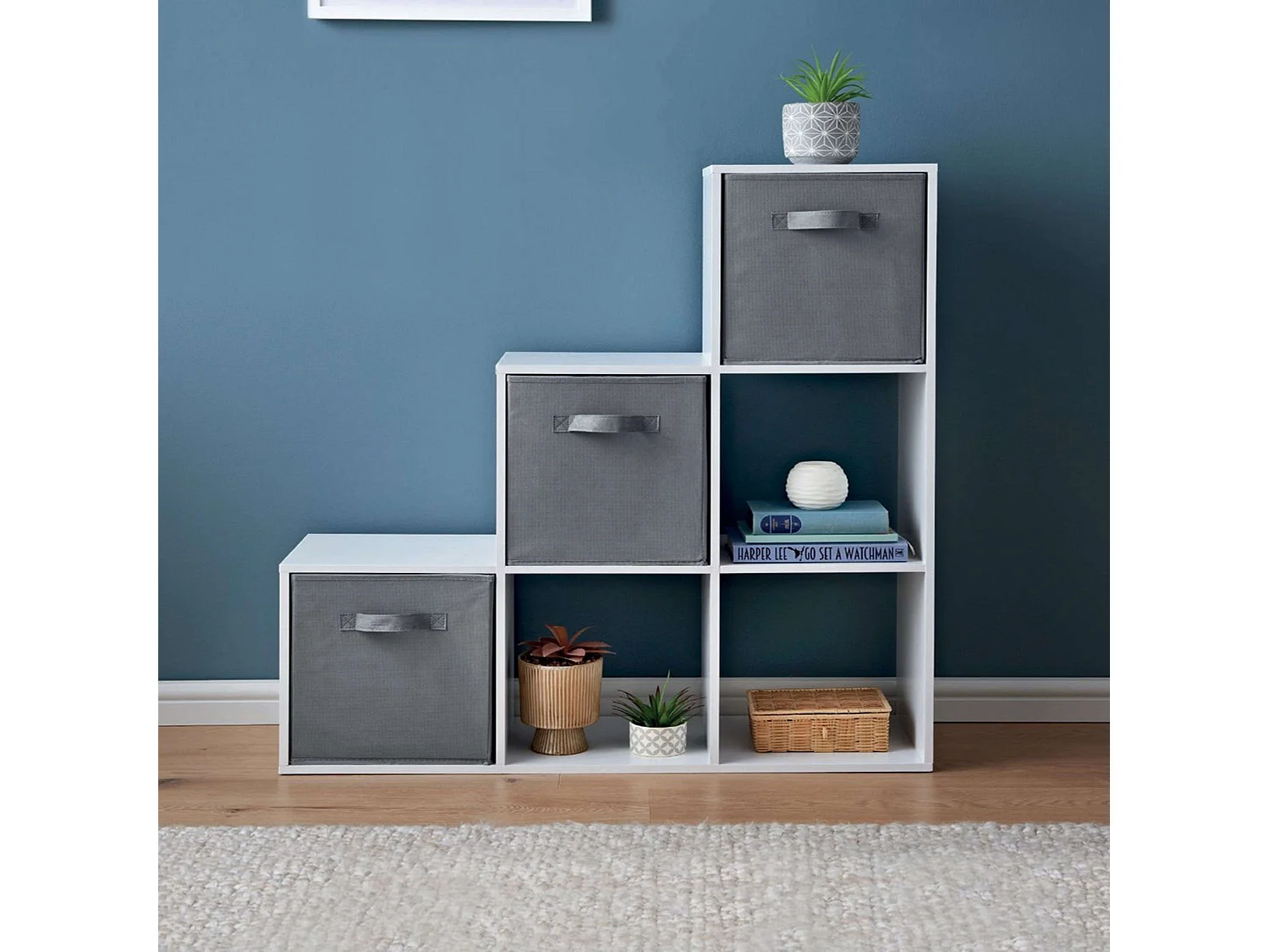 Estante escada April com 3 nichos e 3 gavetas, branca e cinza, 89x89x28 cm