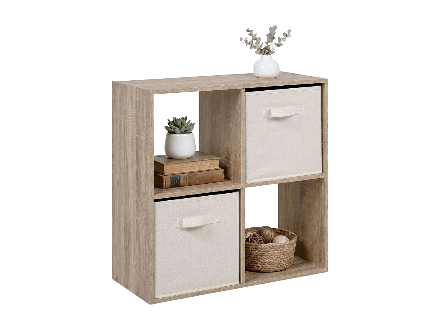 Estante baixa Abril, 2 compartimentos, 2 gavetas, tecido Carvalho Sonoma, bege, 60x60x28cm