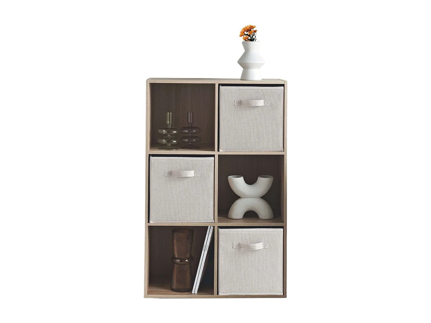 Estante baixa April com 3 compartimentos e 3 gavetas, carvalho Sonoma e bege, 60x89x28 cm