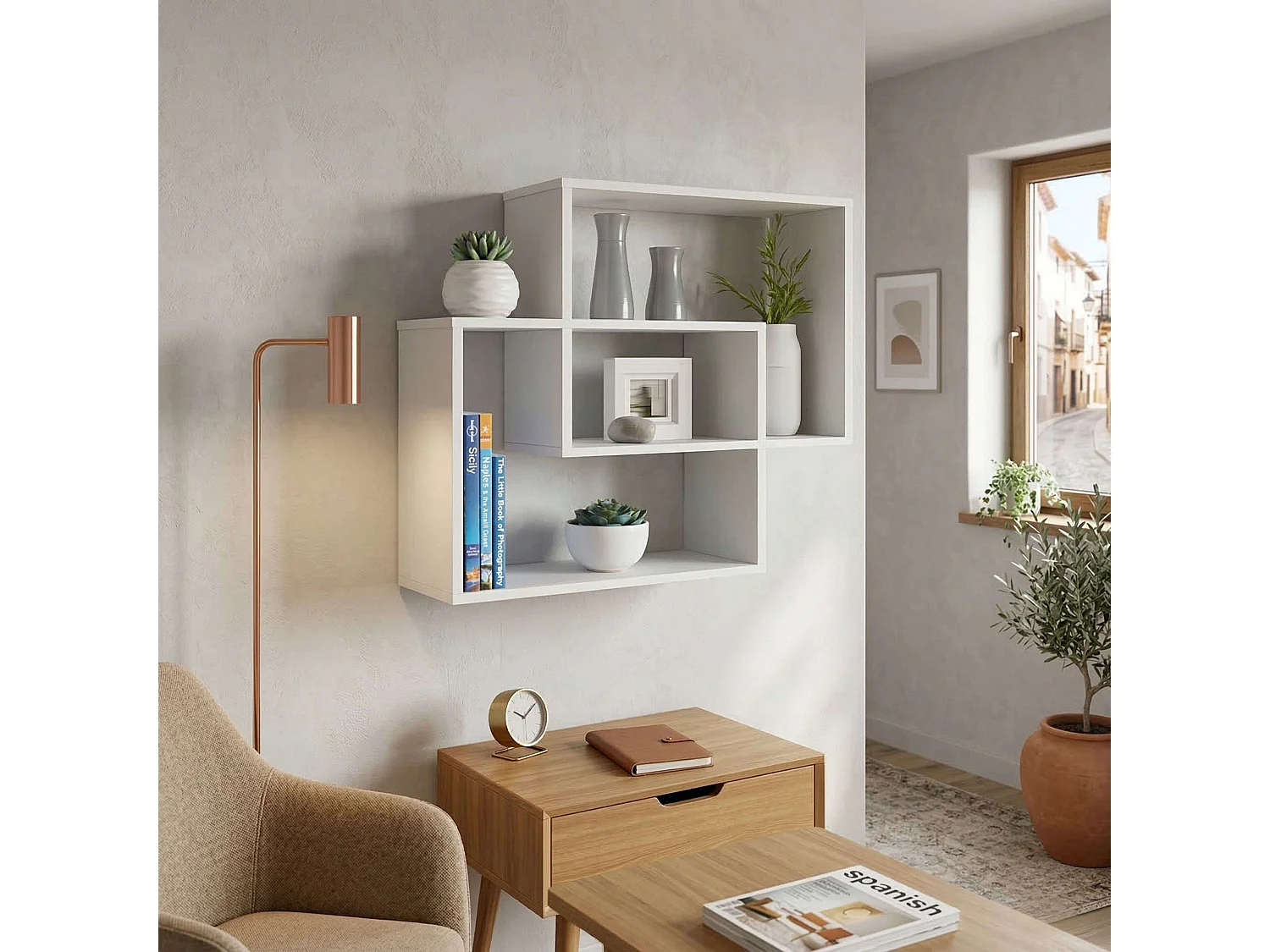 Prateleira de parede Riva, 2 retângulos, melamina branca, 60x60x16 cm