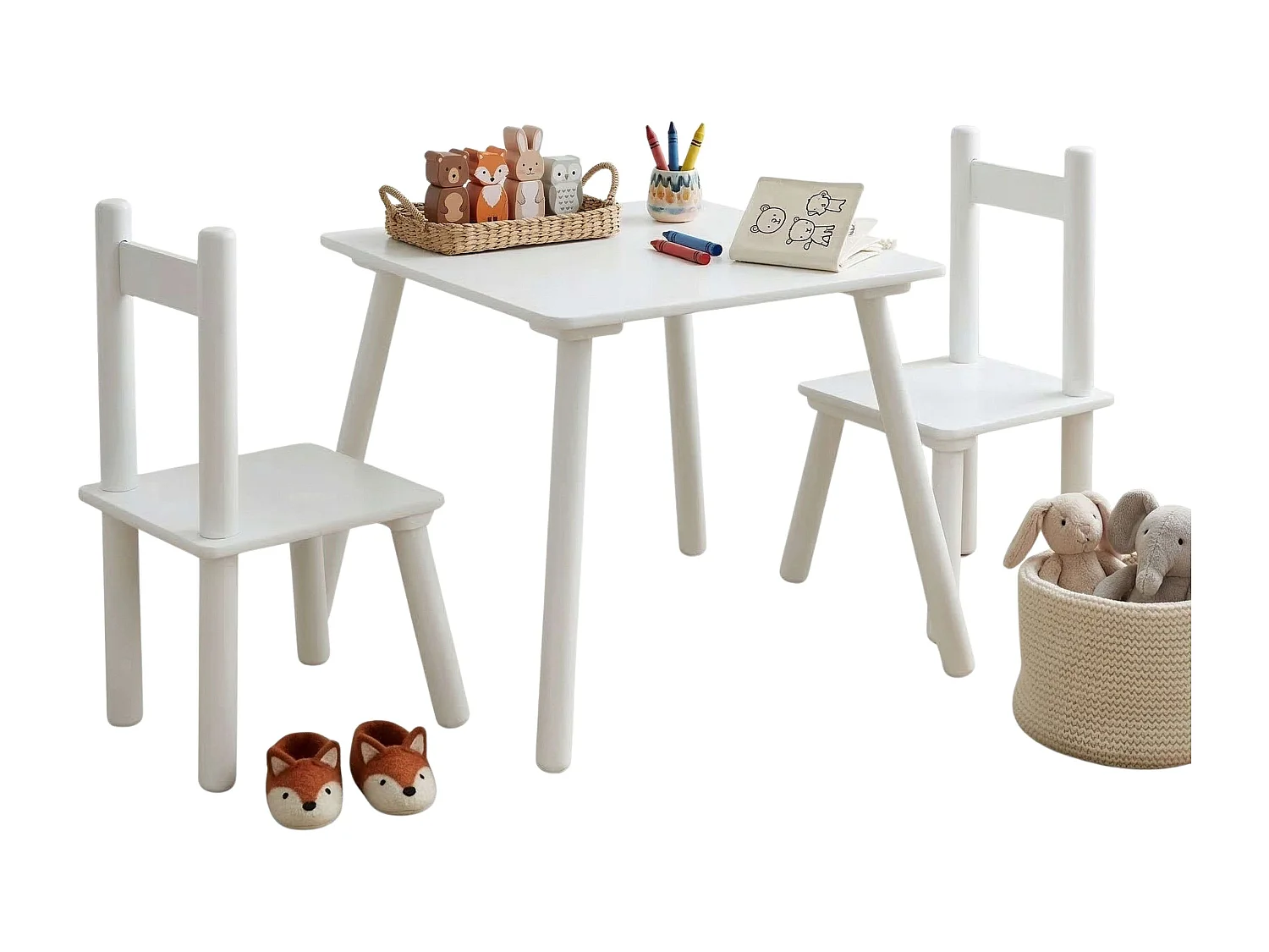 Conjunto infantil Origami, mesa de melamina branca 50x43,5x50cm + 2 cadeiras 26x51x28cm