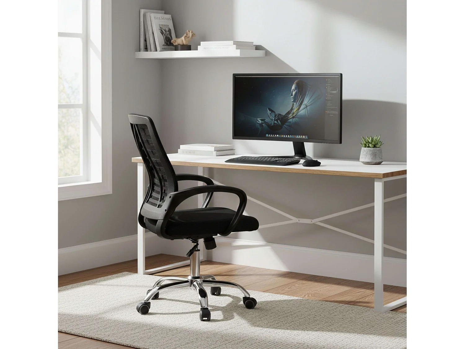 Cadeira de escritório Skelet em tecido preto com apoios de braço, 89x62x60 cm