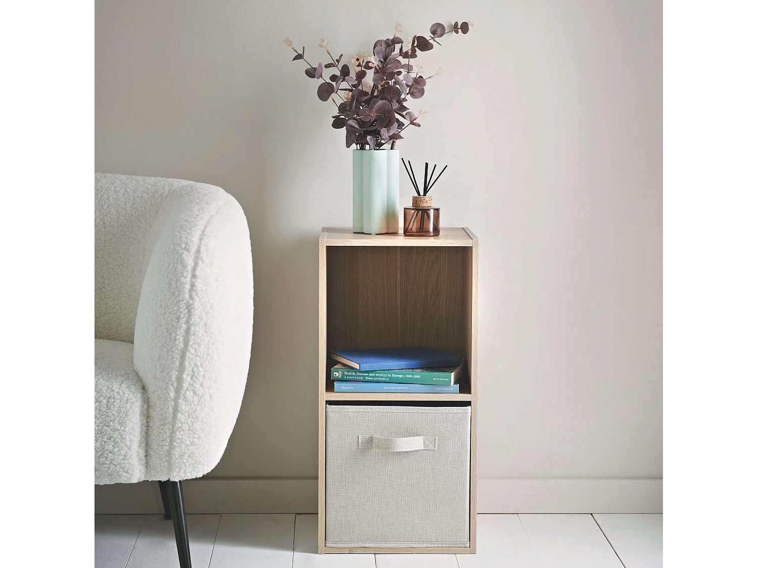 Prateleira baixa April para sala de estar, 1 gaveta, 1 compartimento aberto, cor carvalho Sonoma bege, 30x60x28 cm