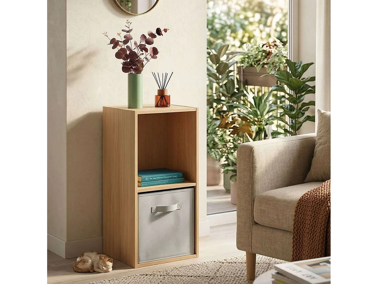 Prateleira baixa April para sala de estar, 1 gaveta, 1 compartimento aberto, cor carvalho Sonoma bege, 30x60x28 cm