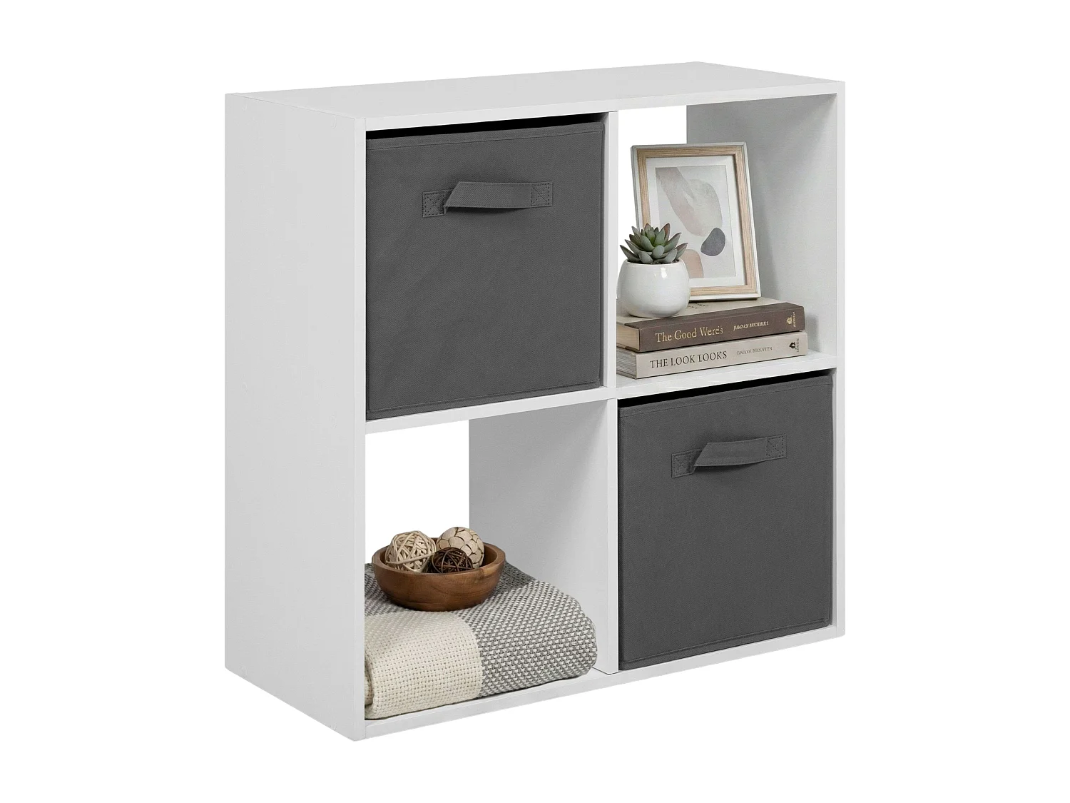 Estante baixa Abril, com 2 compartimentos e 2 gavetas, em tecido branco e cinza, 60x60x28 cm