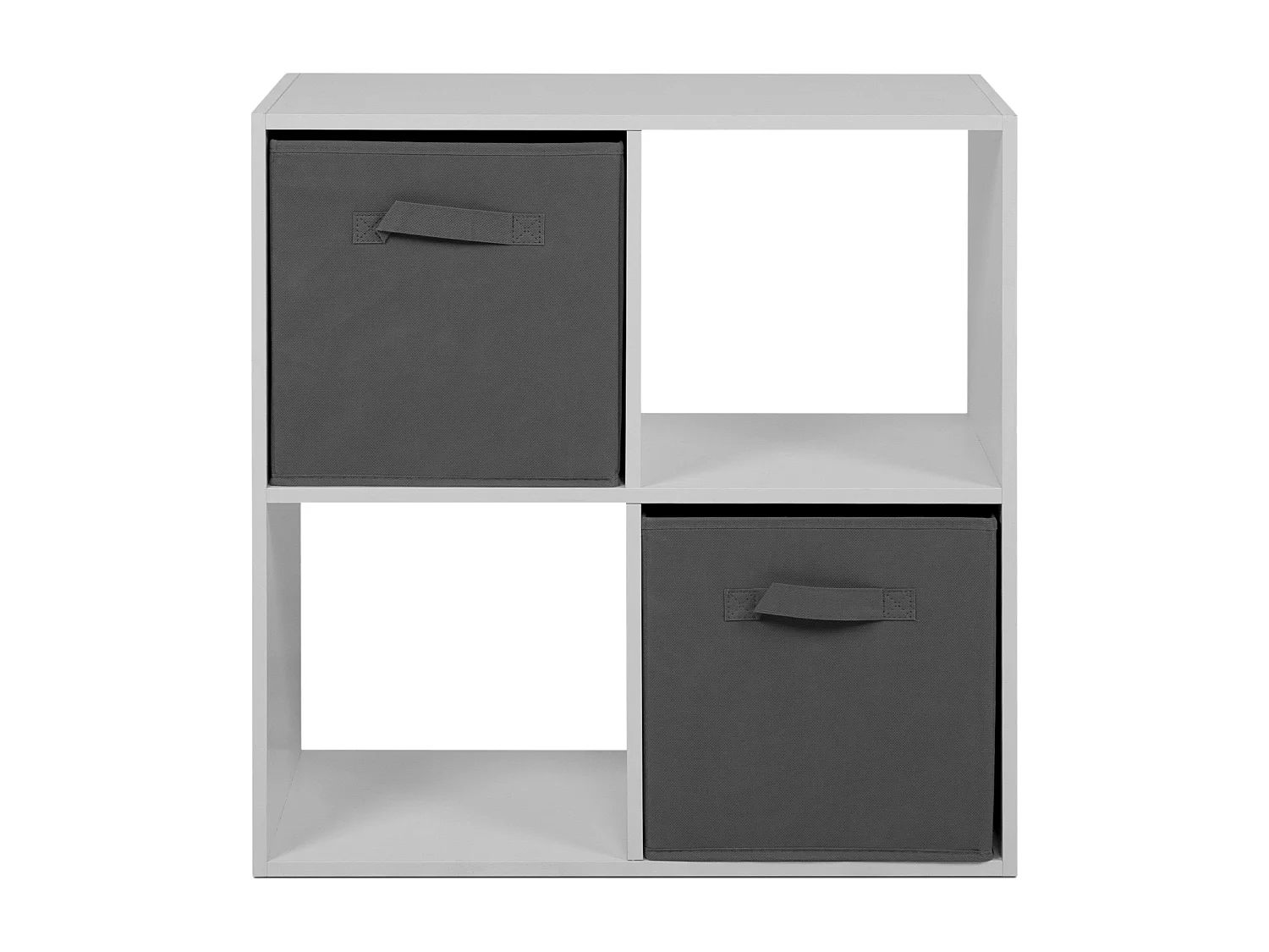 Estante baixa Abril, com 2 compartimentos e 2 gavetas, em tecido branco e cinza, 60x60x28 cm