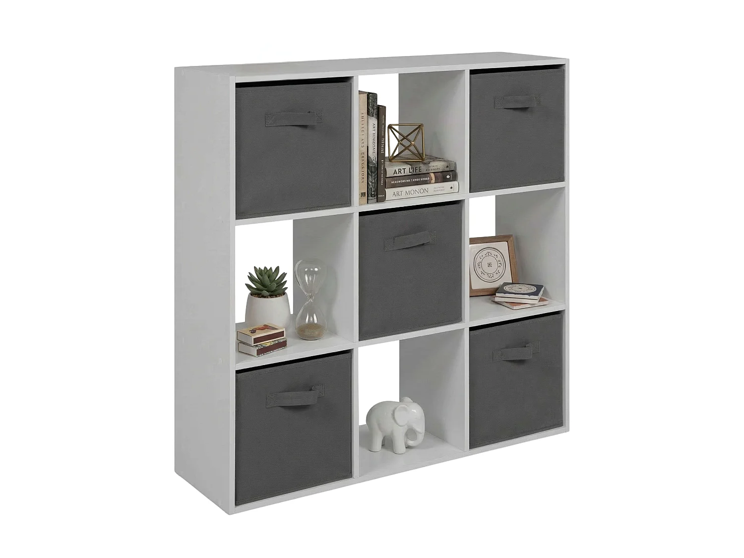 Estante April com 4 nichos abertos e 5 gavetas, branca e cinza, 89x89x28 cm