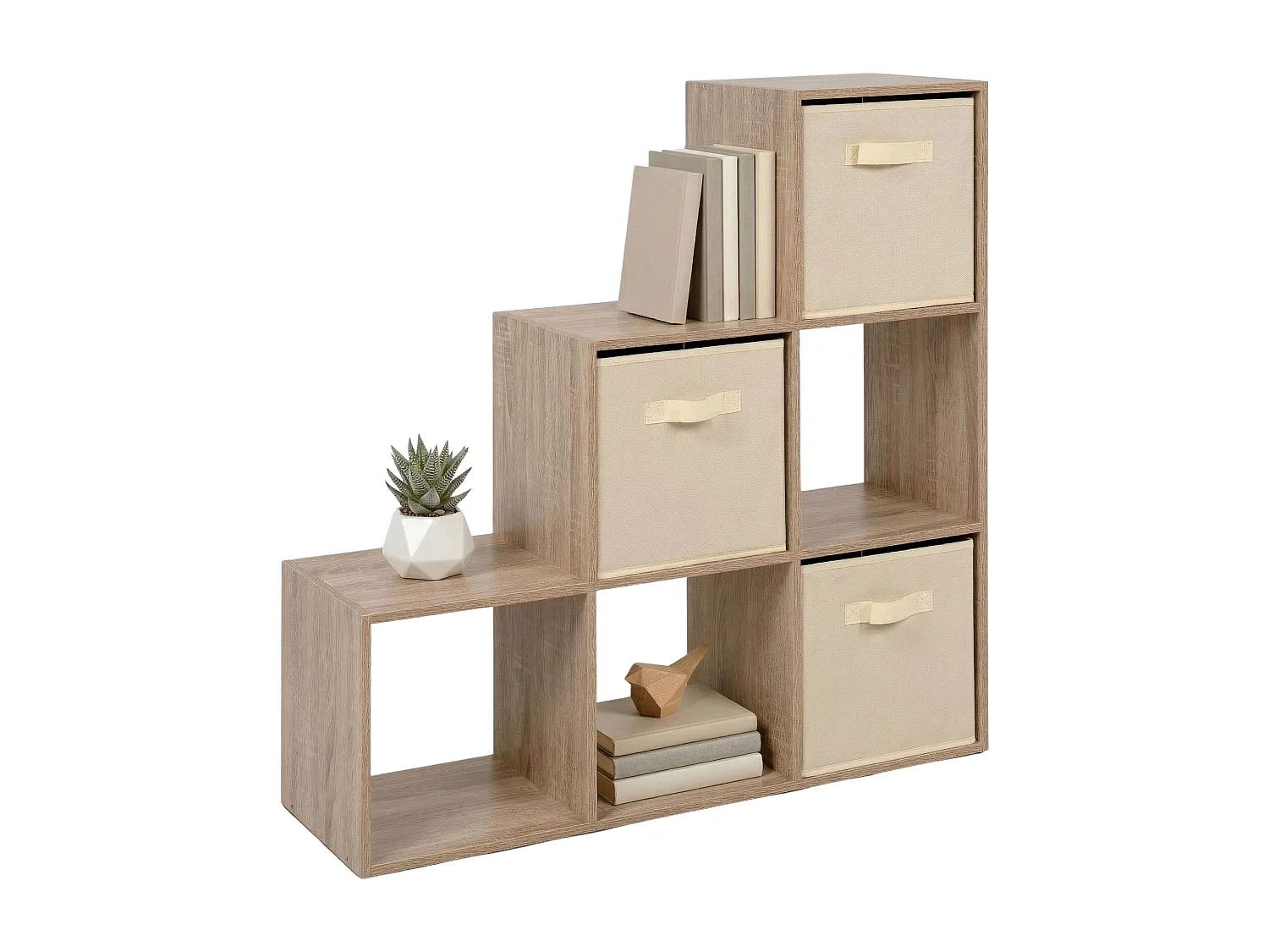 Estante April com 3 gavetas, revestida em tecido, carvalho Sonoma, bege, 89x89x28 cm