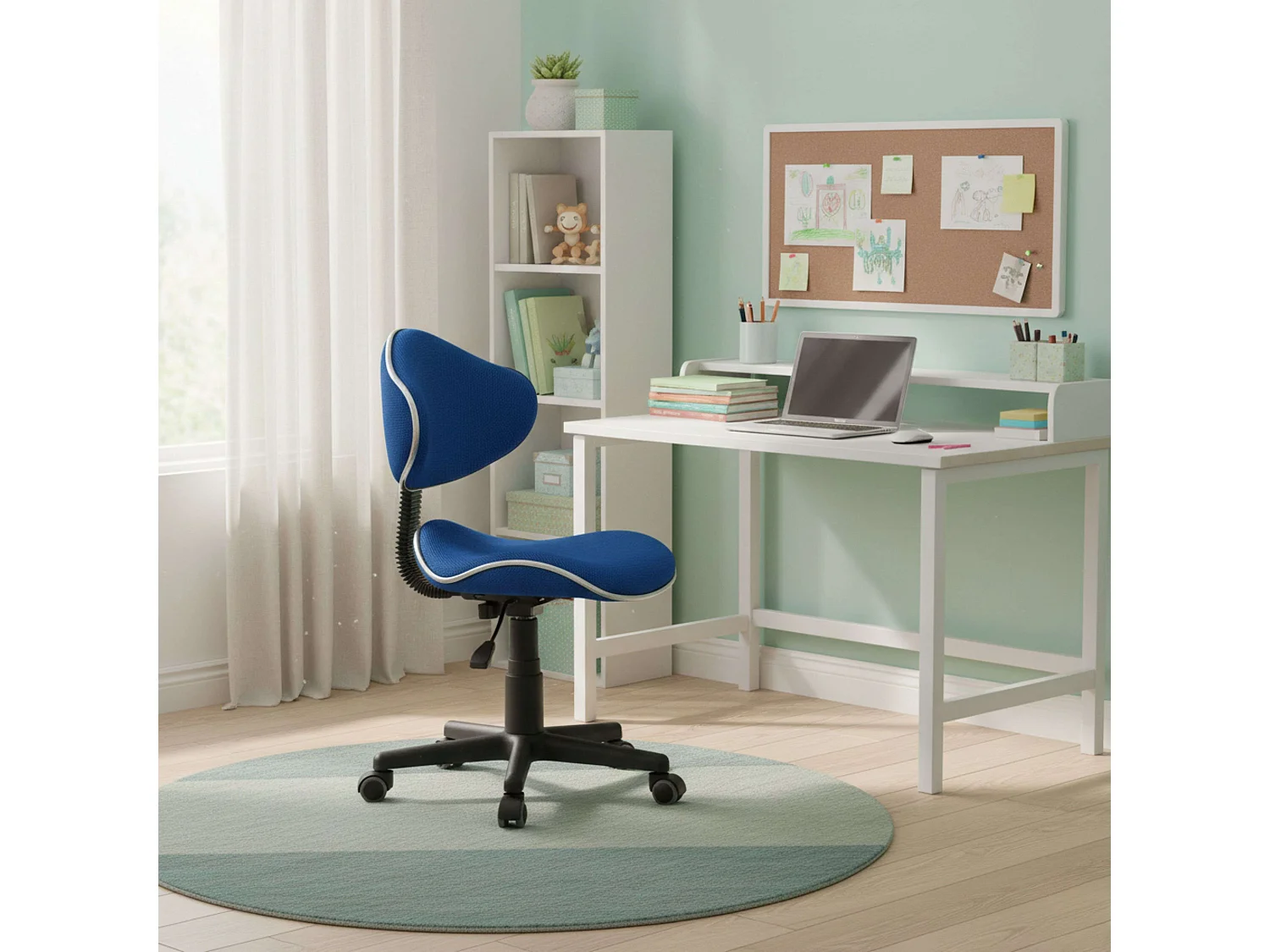 Cadeira de escritório juvenil Bambola azul, estrutura preta, 53x82-94x53 cm