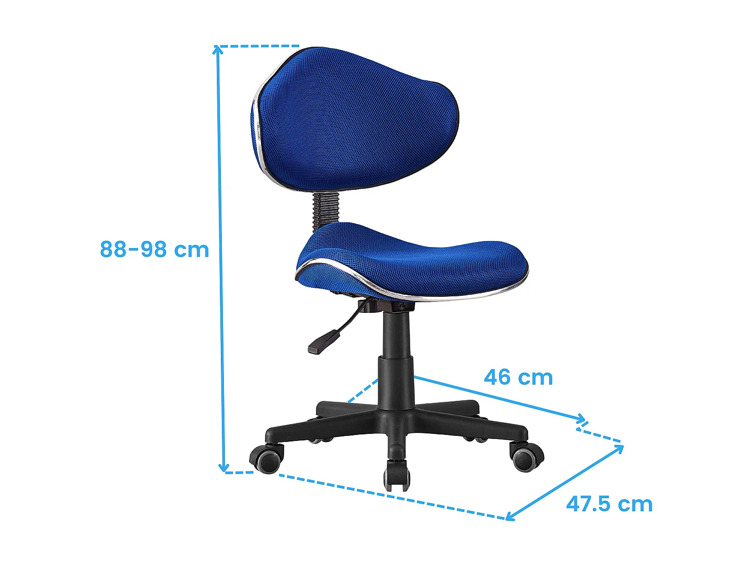 Silla escritorio juvenil Bambola azul, estructura negra, 53x82-94x53 cm