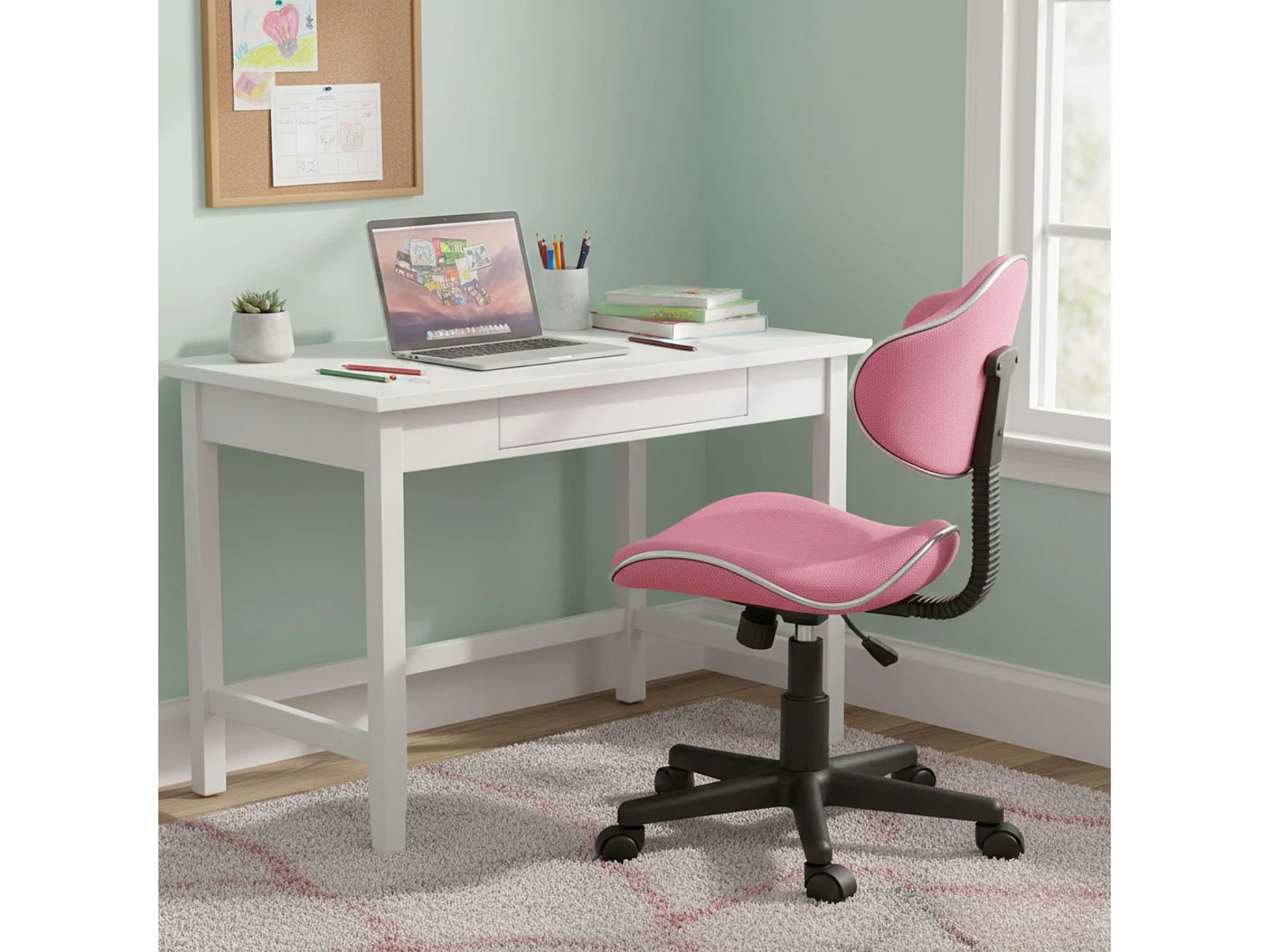 Cadeira de escritório juvenil Bambola, tecido rosa, metal, 53x82-94x53 cm