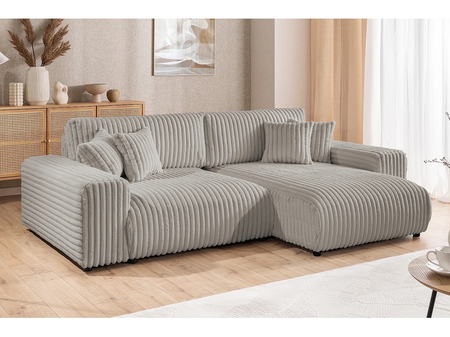 Canapé d’angle avec fonction couchage et coffre de rangement en velours côtelé pelucheux gris clair MOLLIS