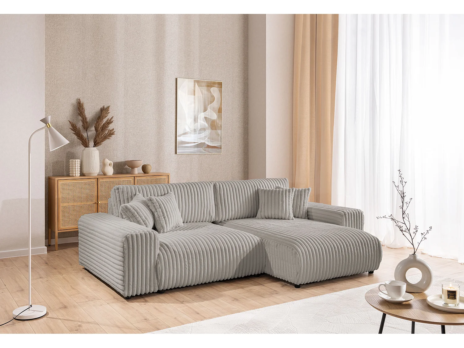 Canapé d’angle avec fonction couchage et coffre de rangement en velours côtelé pelucheux gris clair MOLLIS