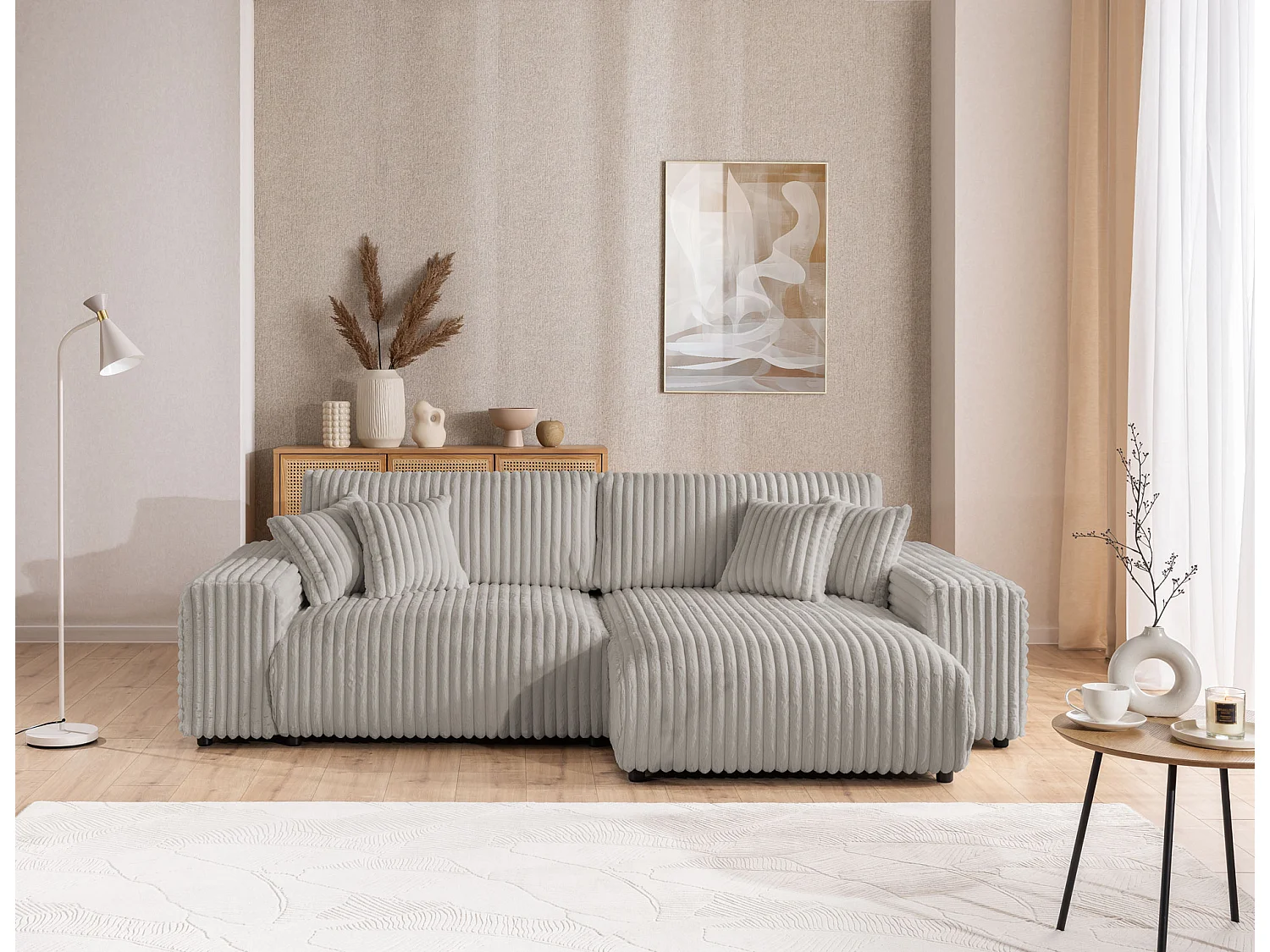 Canapé d’angle avec fonction couchage et coffre de rangement en velours côtelé pelucheux gris clair MOLLIS