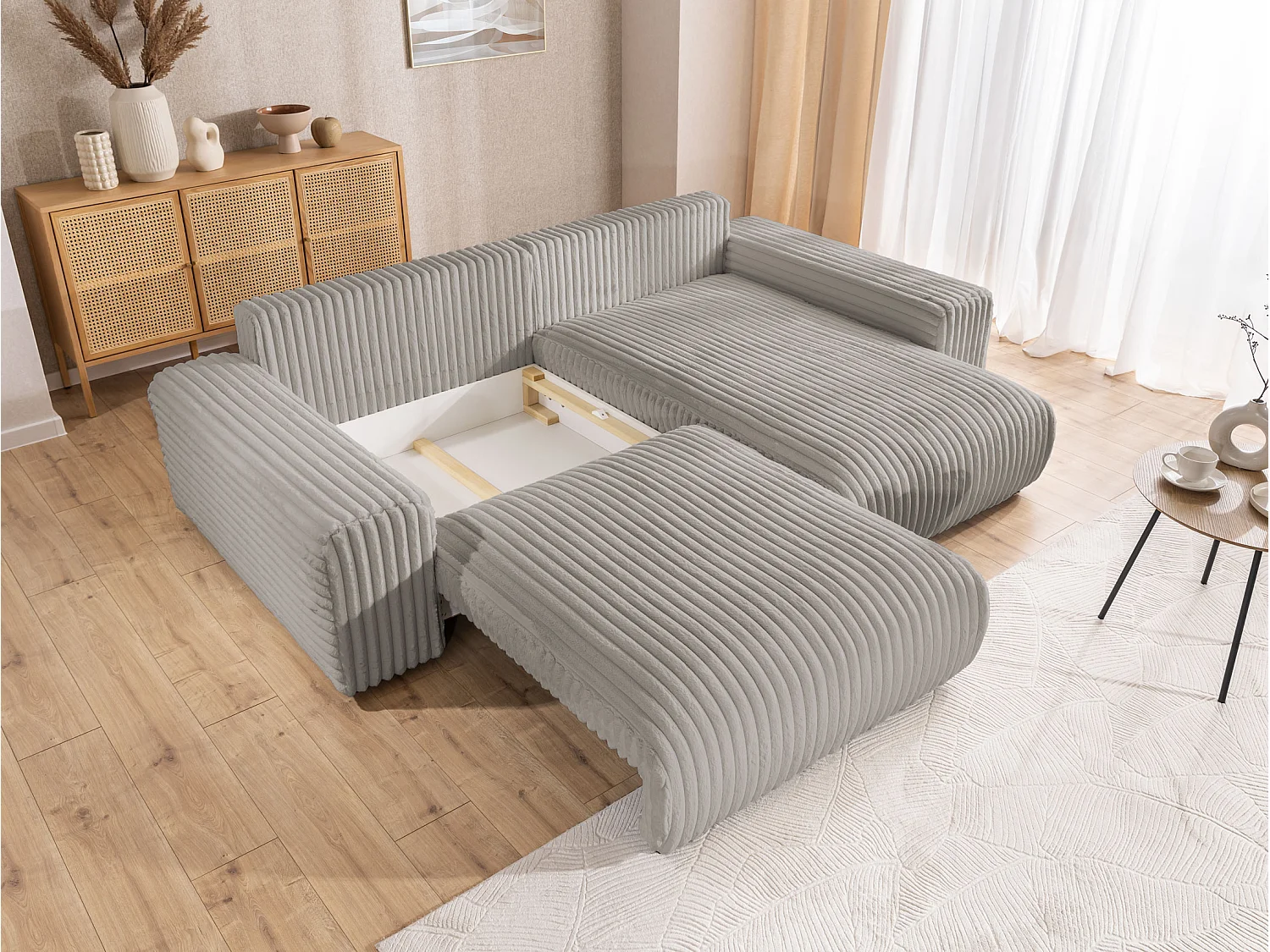 Canapé d’angle avec fonction couchage et coffre de rangement en velours côtelé pelucheux gris clair MOLLIS