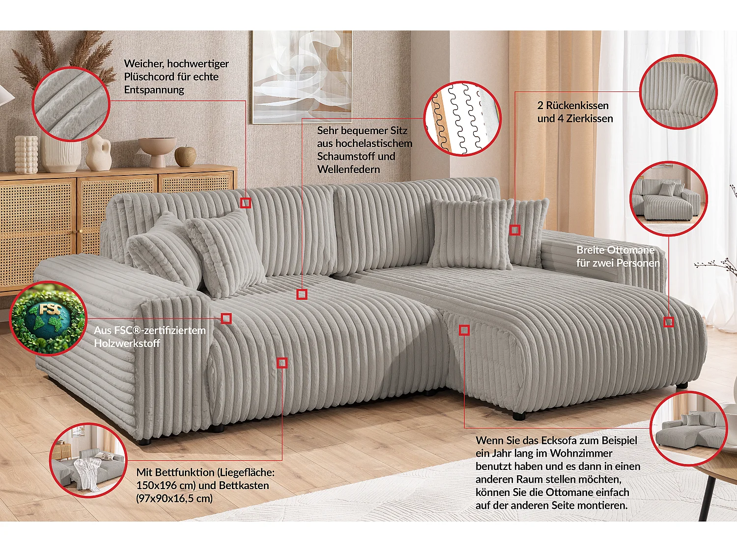 Canapé d’angle avec fonction couchage et coffre de rangement en velours côtelé pelucheux gris clair MOLLIS