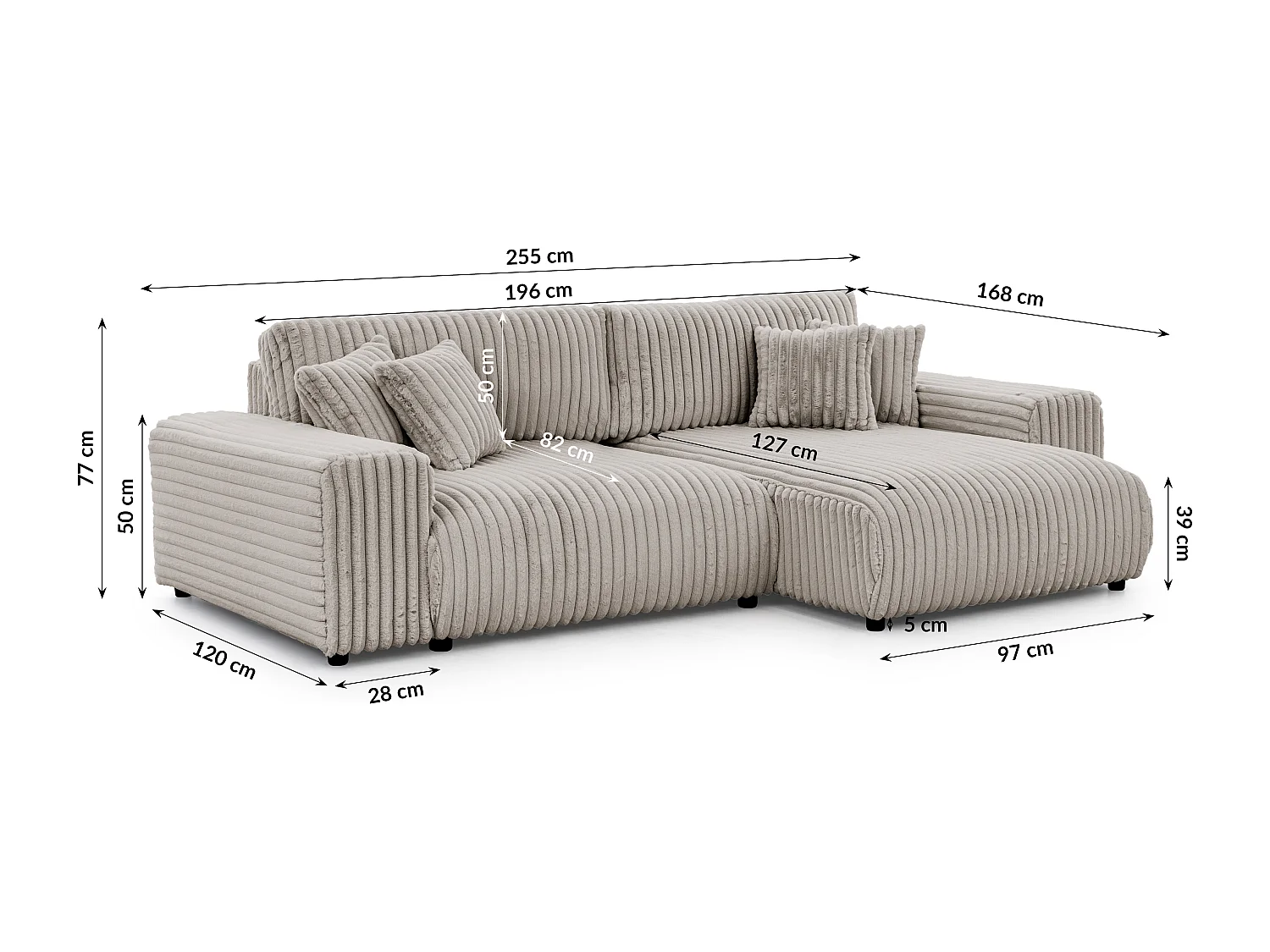 Canapé d’angle avec fonction couchage et coffre de rangement en velours côtelé pelucheux gris clair MOLLIS