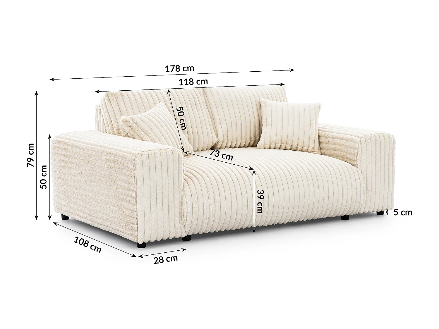 Canapé 2 places en velours côtelé pelucheux beige clair offrant un agréable confort d’assise MOLLIS