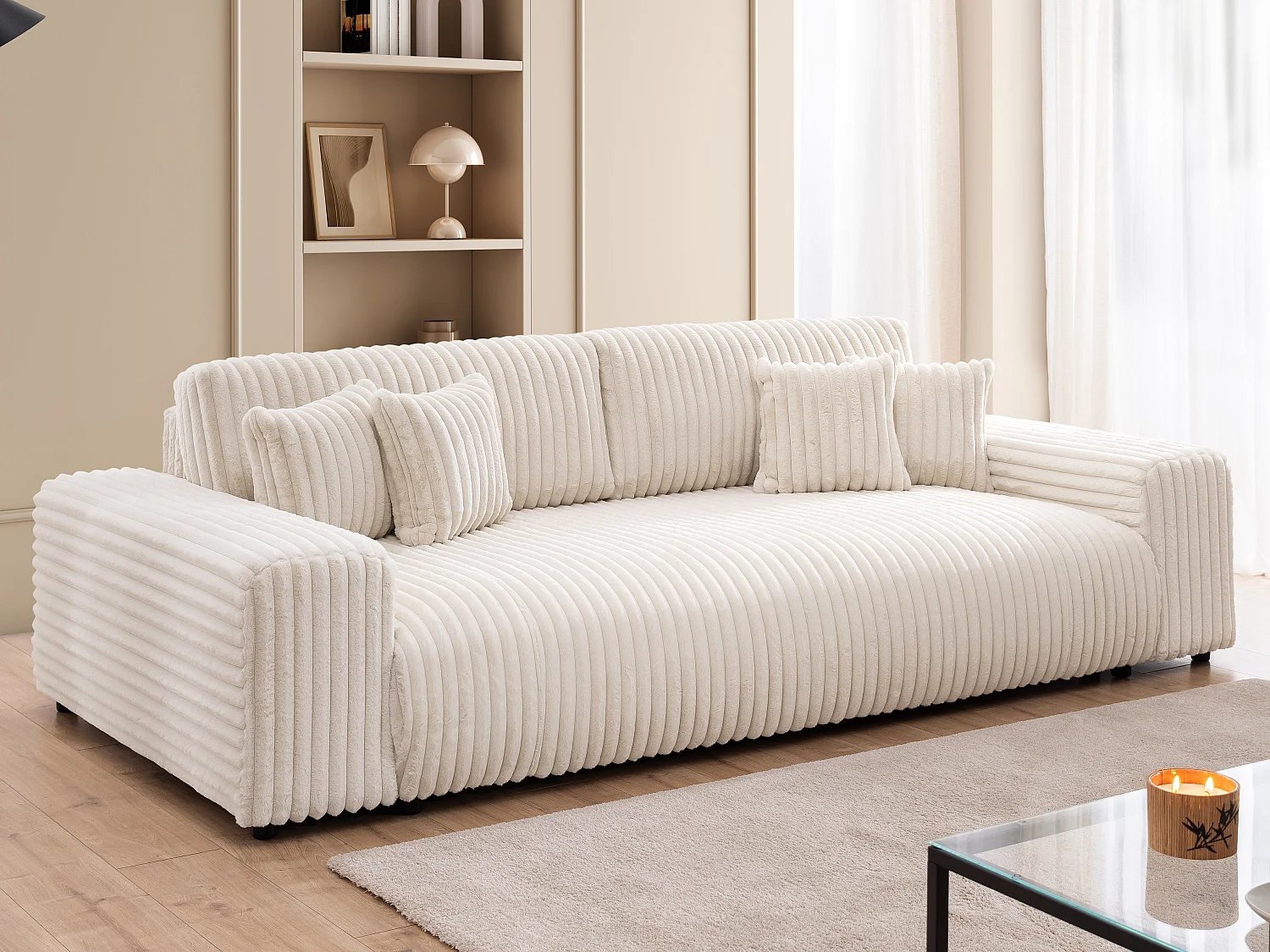 Canapé avec fonction couchage et coffre de rangement en velours côtelé pelucheux beige clair MOLLIS