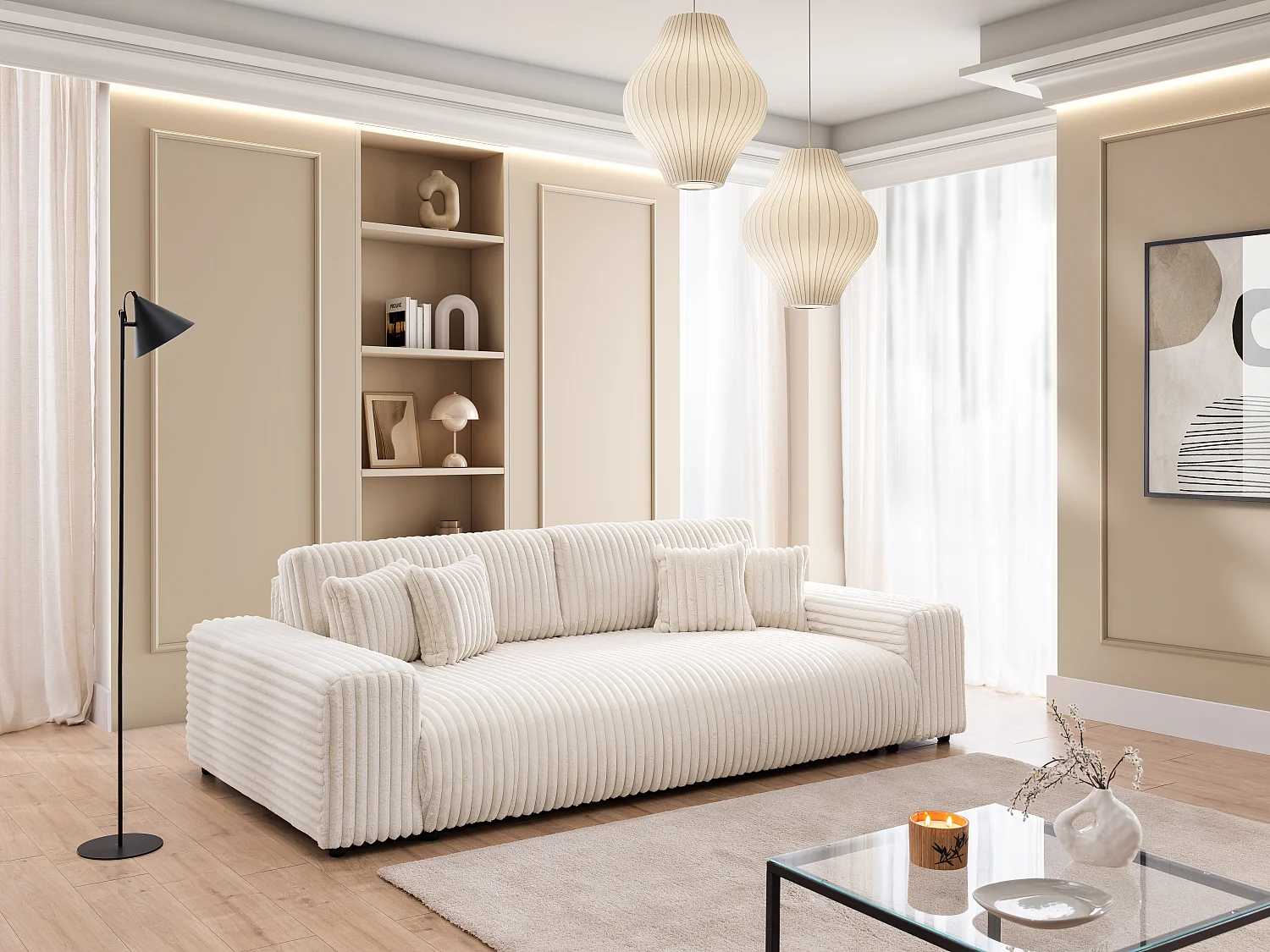 Canapé avec fonction couchage et coffre de rangement en velours côtelé pelucheux beige clair MOLLIS