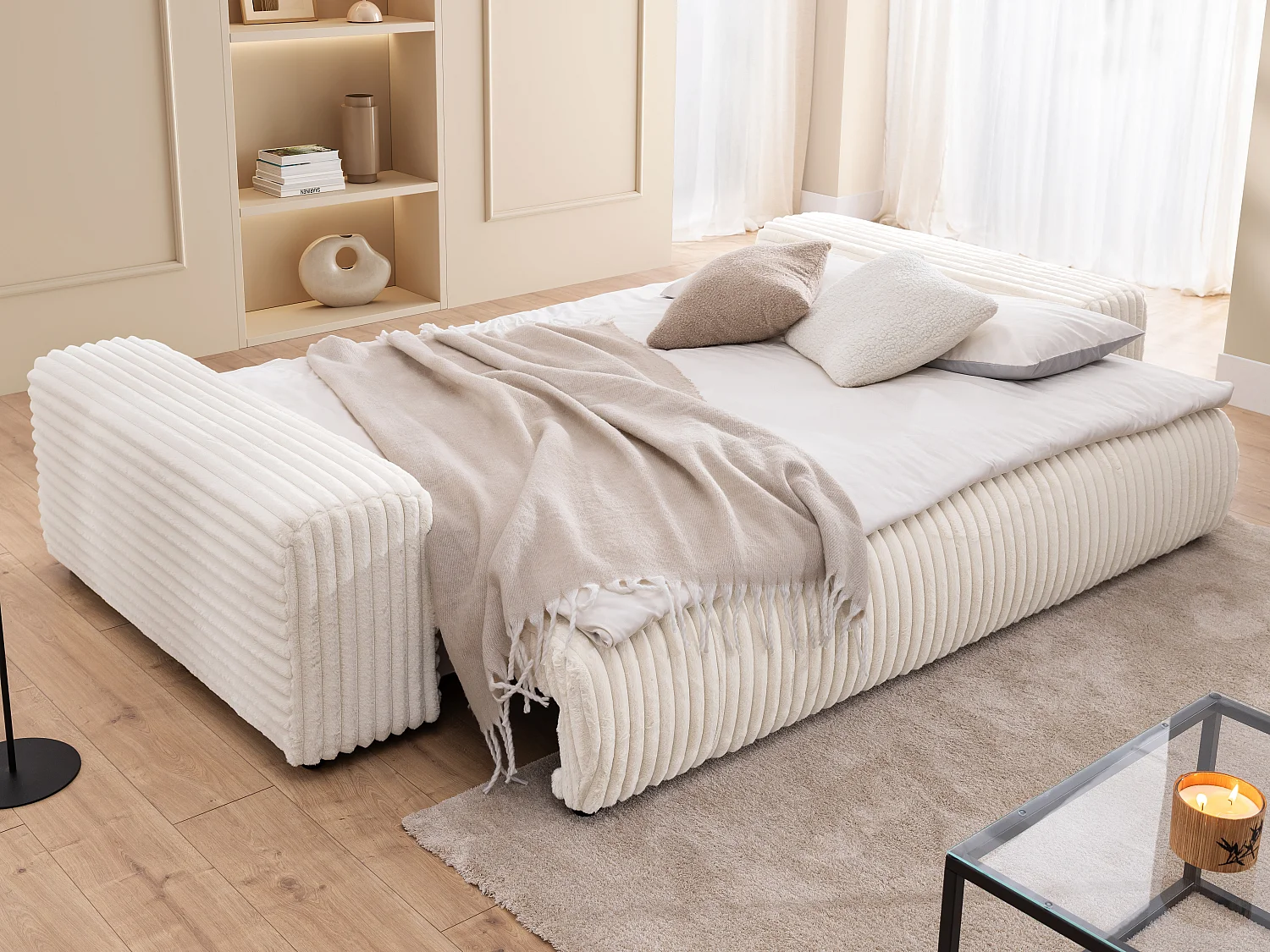 Canapé avec fonction couchage et coffre de rangement en velours côtelé pelucheux beige clair MOLLIS