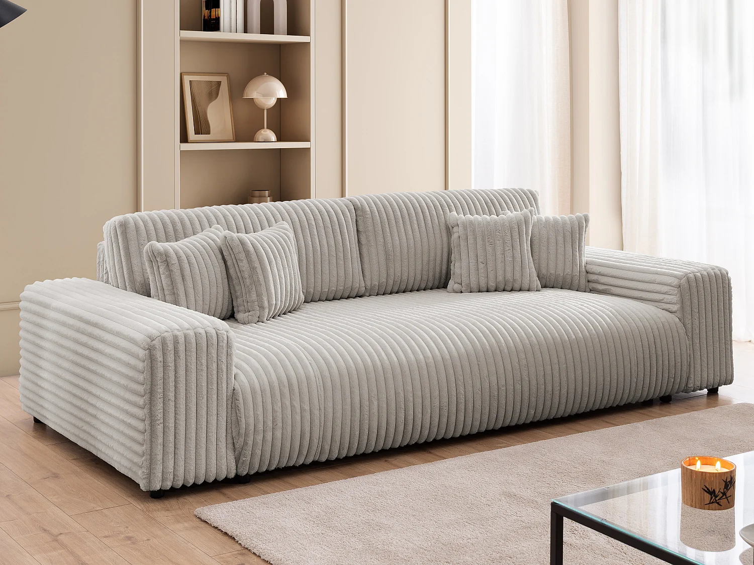 Canapé avec fonction couchage et coffre de rangement en velours côtelé pelucheux gris clair MOLLIS