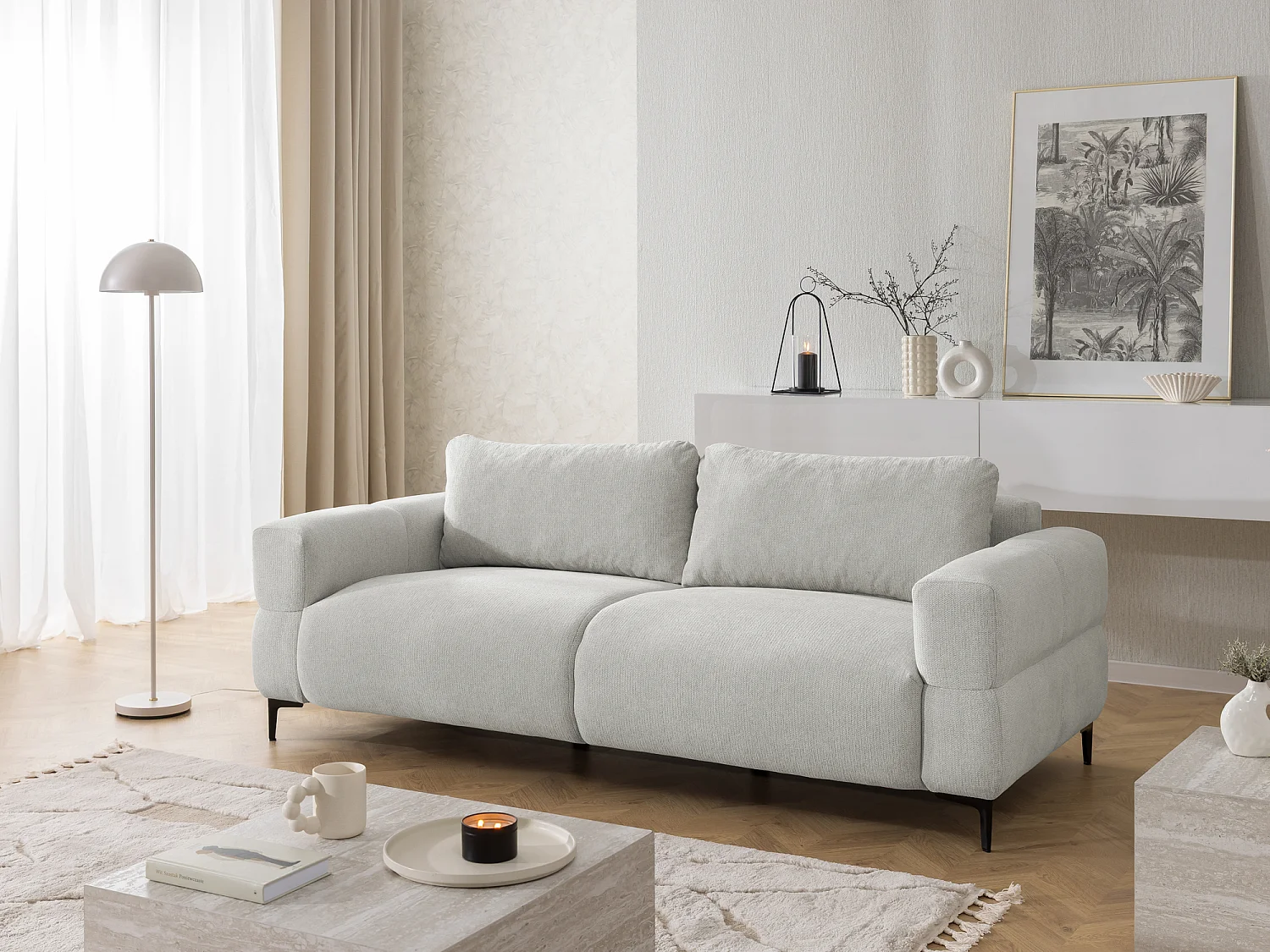 Canapé 3 places au style bubble en tissu structuré gris clair doux CARDEA