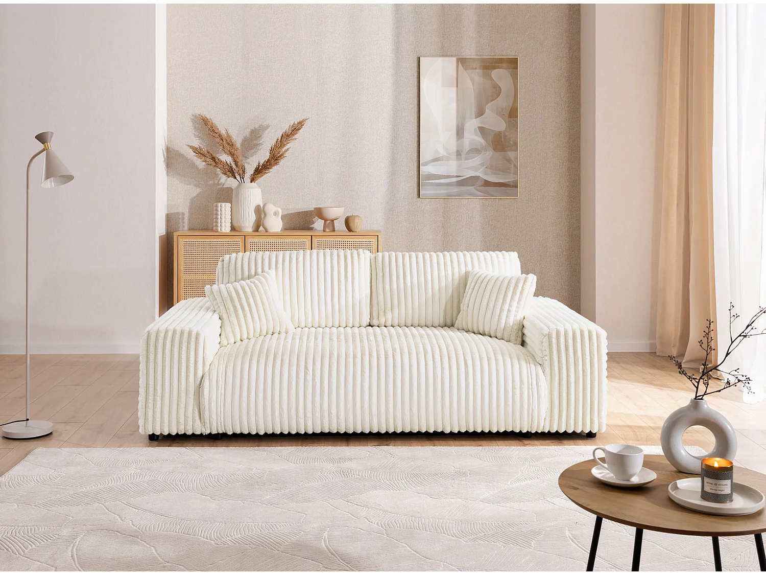 Canapé 3 places en velours côtelé pelucheux beige clair offrant un agréable confort d’assise MOLLIS