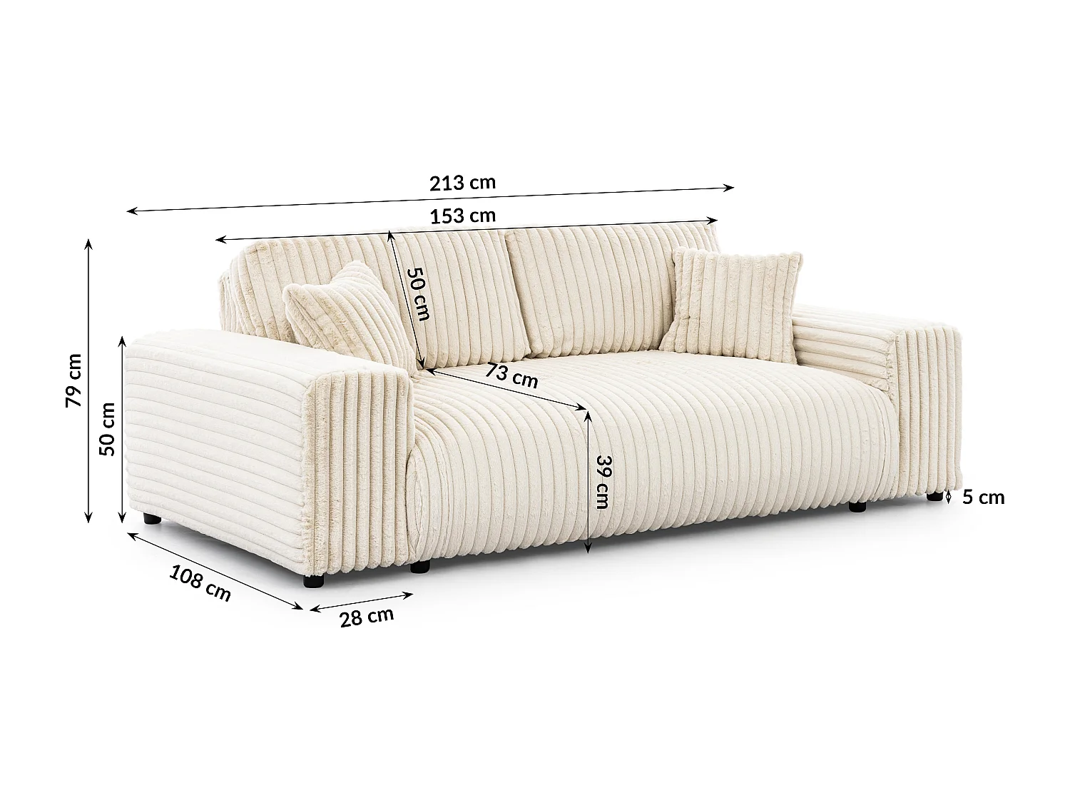 Canapé 3 places en velours côtelé pelucheux beige clair offrant un agréable confort d’assise MOLLIS