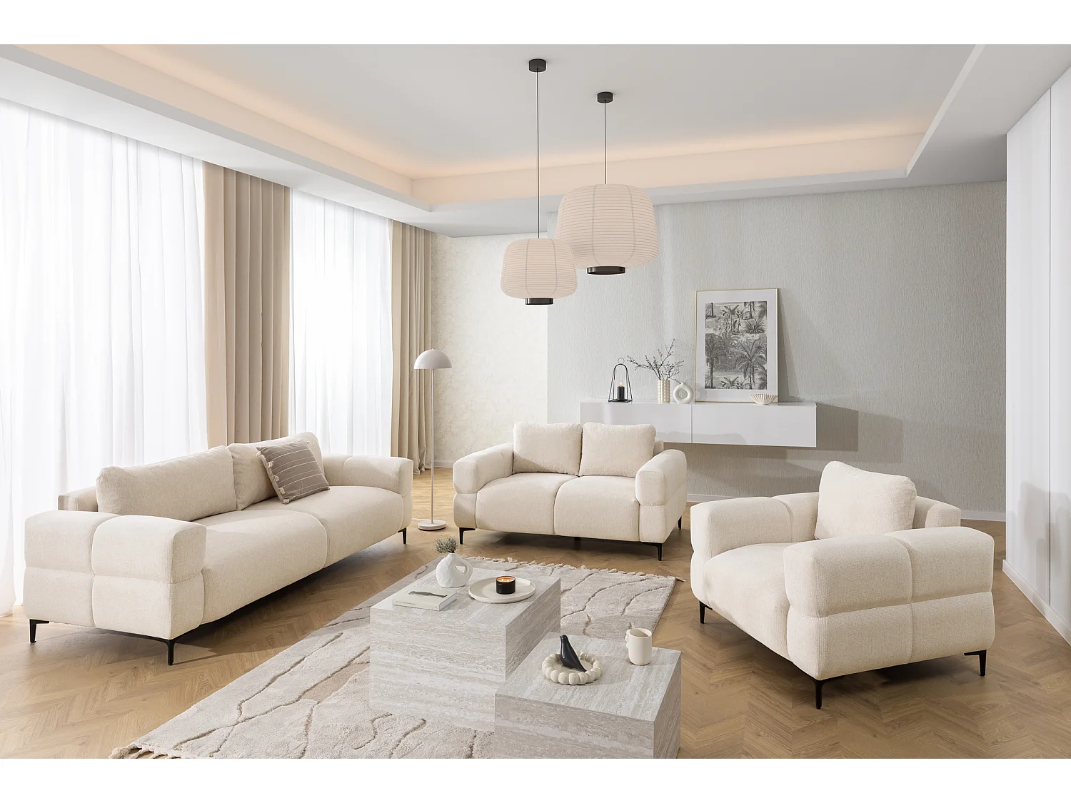 Canapé 2 places au style bubble  en tissu structuré beige clair doux CARDEA