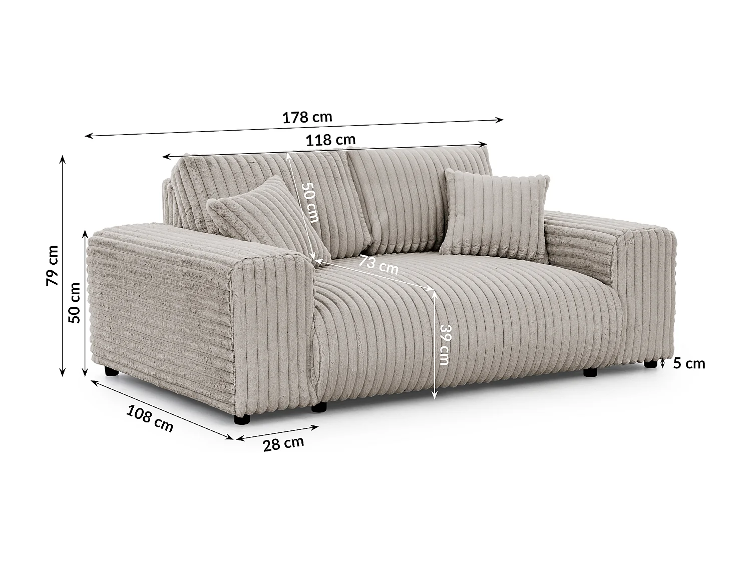 Canapé 2 places en velours côtelé pelucheux gris clair offrant un agréable confort d’assise MOLLIS