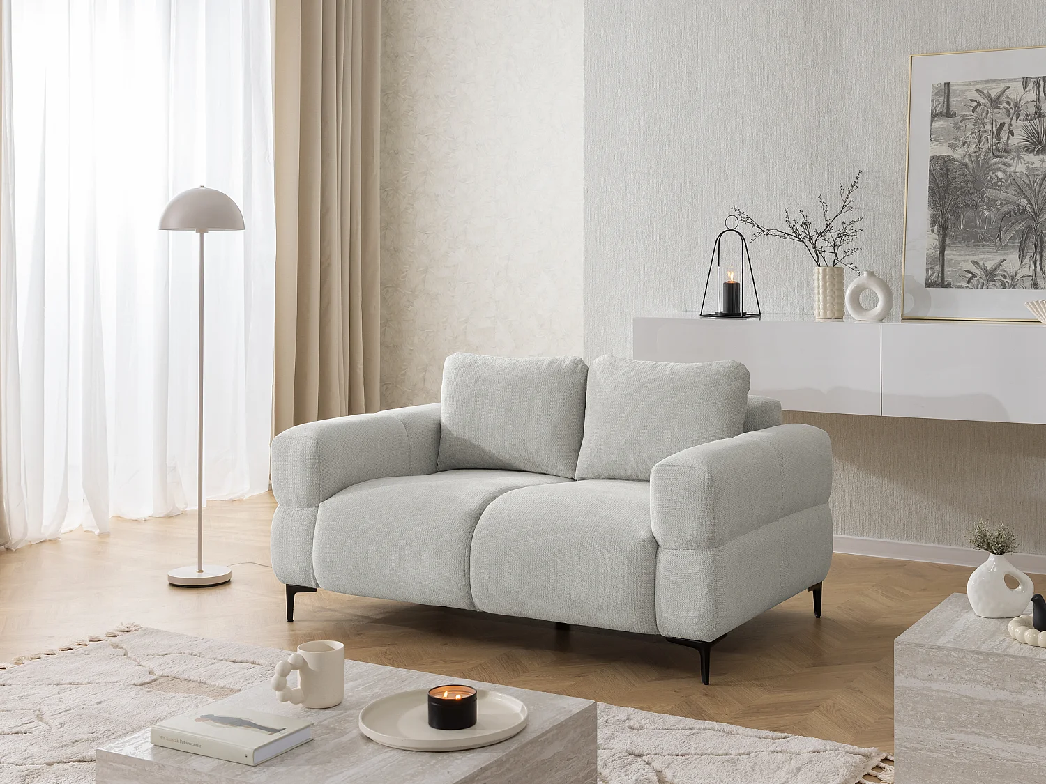 Canapé 2 places au style bubble  en tissu structuré gris clair doux CARDEA