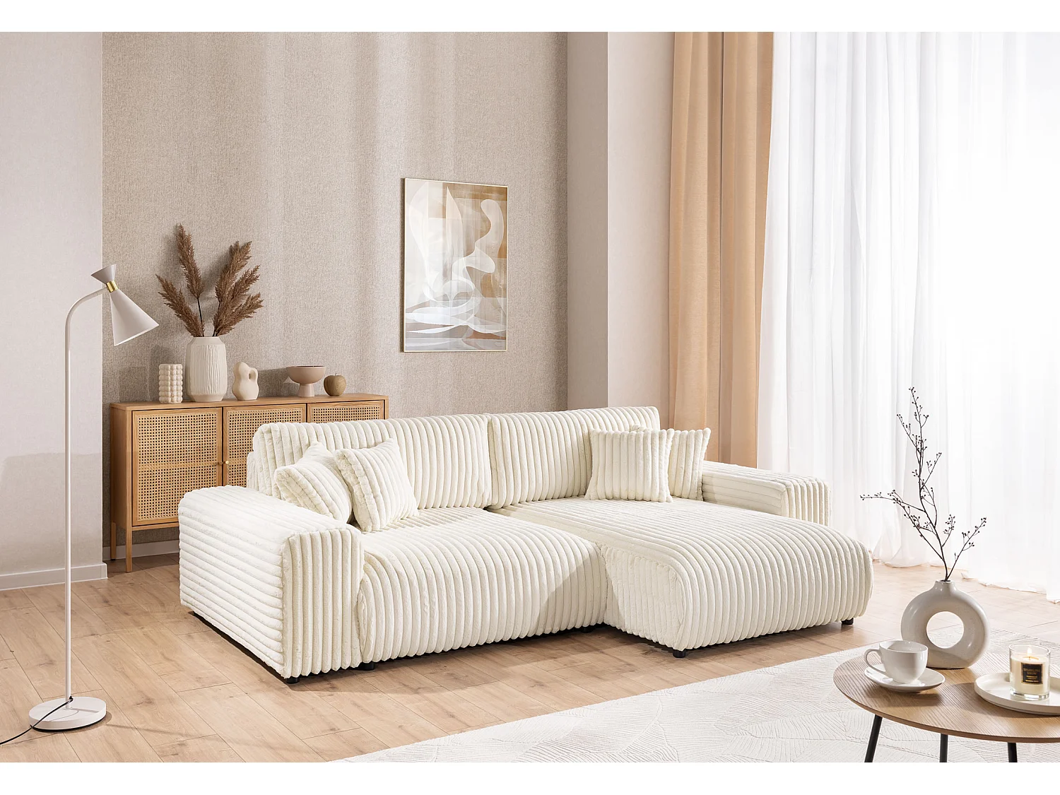 Canapé d’angle avec fonction couchage et coffre de rangement en velours côtelé pelucheux beige clair MOLLIS