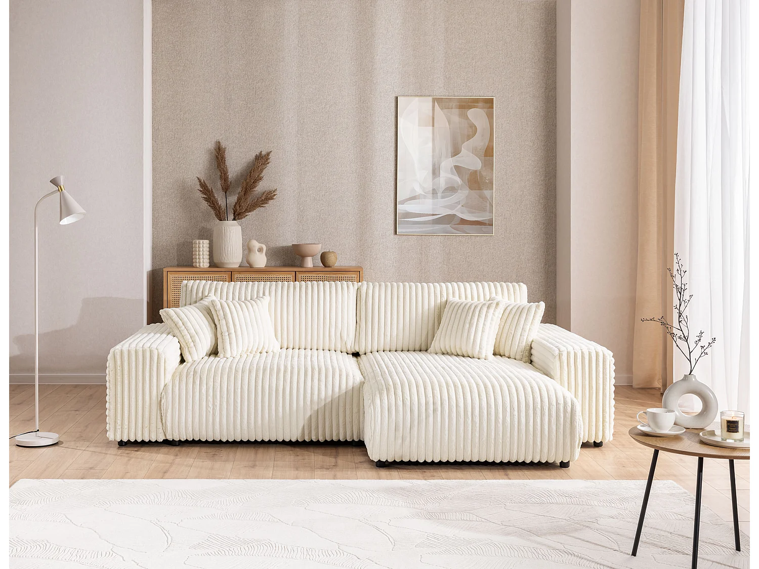 Canapé d’angle avec fonction couchage et coffre de rangement en velours côtelé pelucheux beige clair MOLLIS