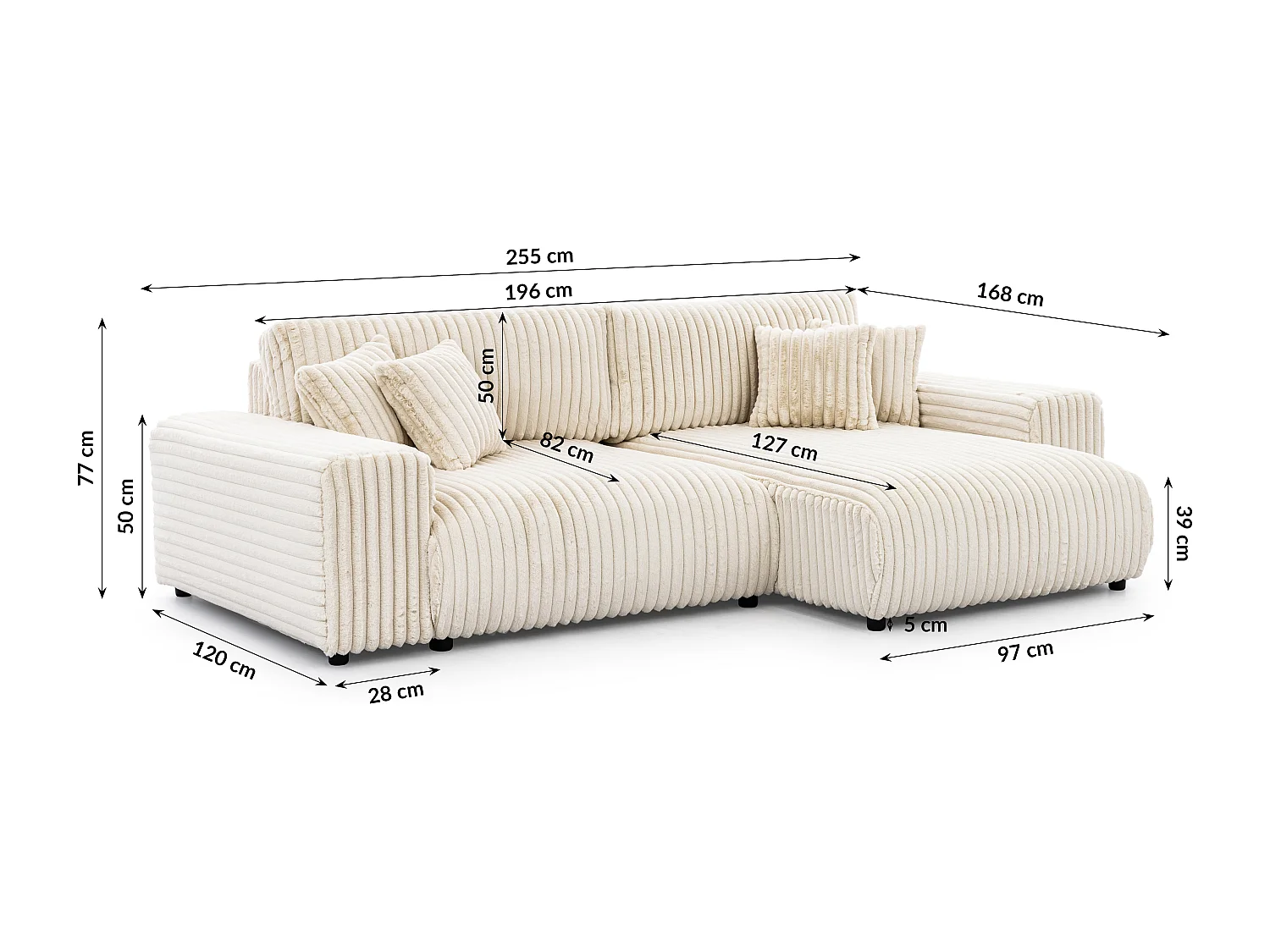 Canapé d’angle avec fonction couchage et coffre de rangement en velours côtelé pelucheux beige clair MOLLIS