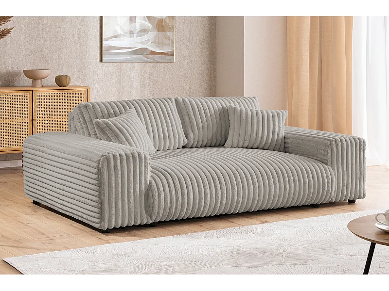 Canapé 3 places en velours côtelé pelucheux gris clair offrant un agréable confort d’assise MOLLIS