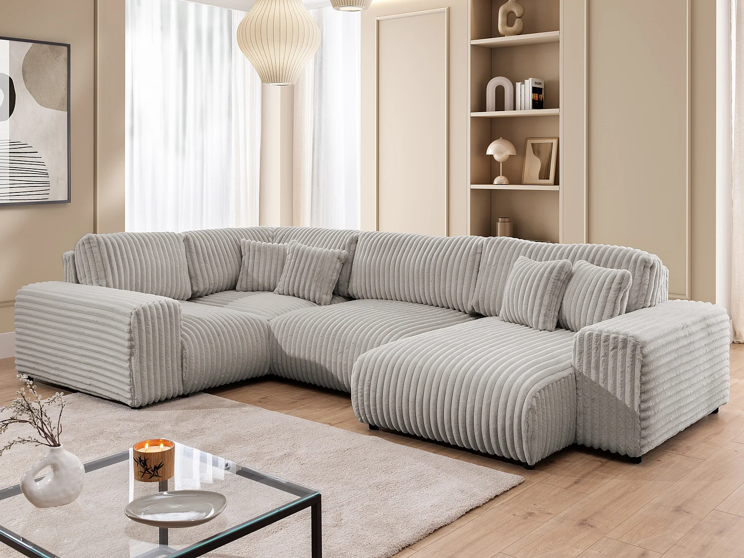 Canapé panoramique XXL avec fonction couchage et coffre de rangement en velours côtelé pelucheux gris clair MOLLIS