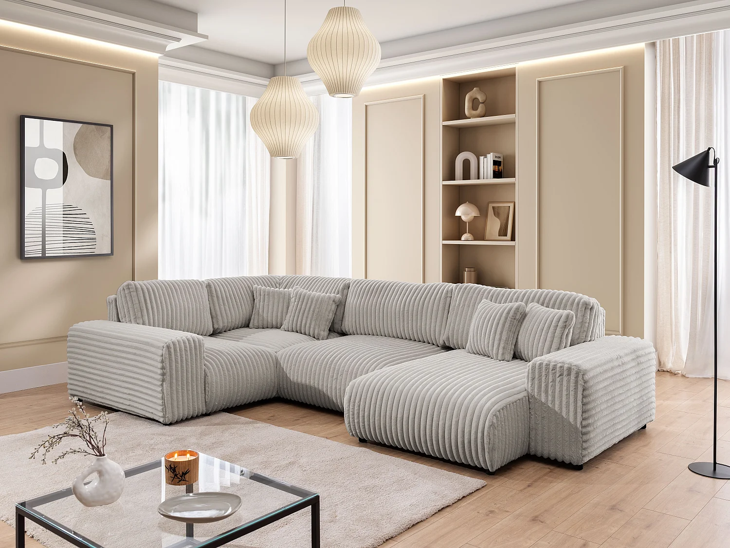 Canapé panoramique XXL avec fonction couchage et coffre de rangement en velours côtelé pelucheux gris clair MOLLIS