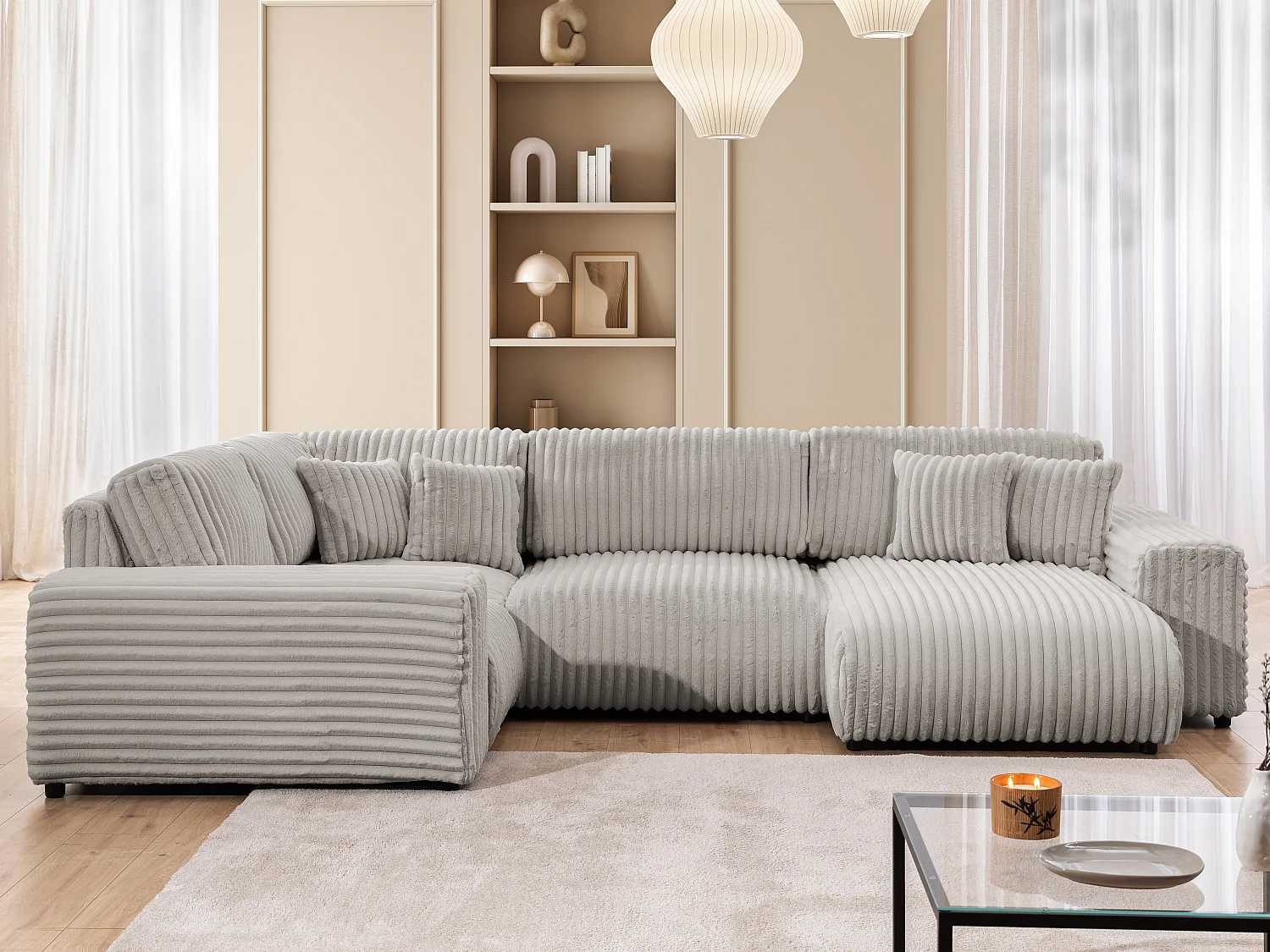 Canapé panoramique XXL avec fonction couchage et coffre de rangement en velours côtelé pelucheux gris clair MOLLIS