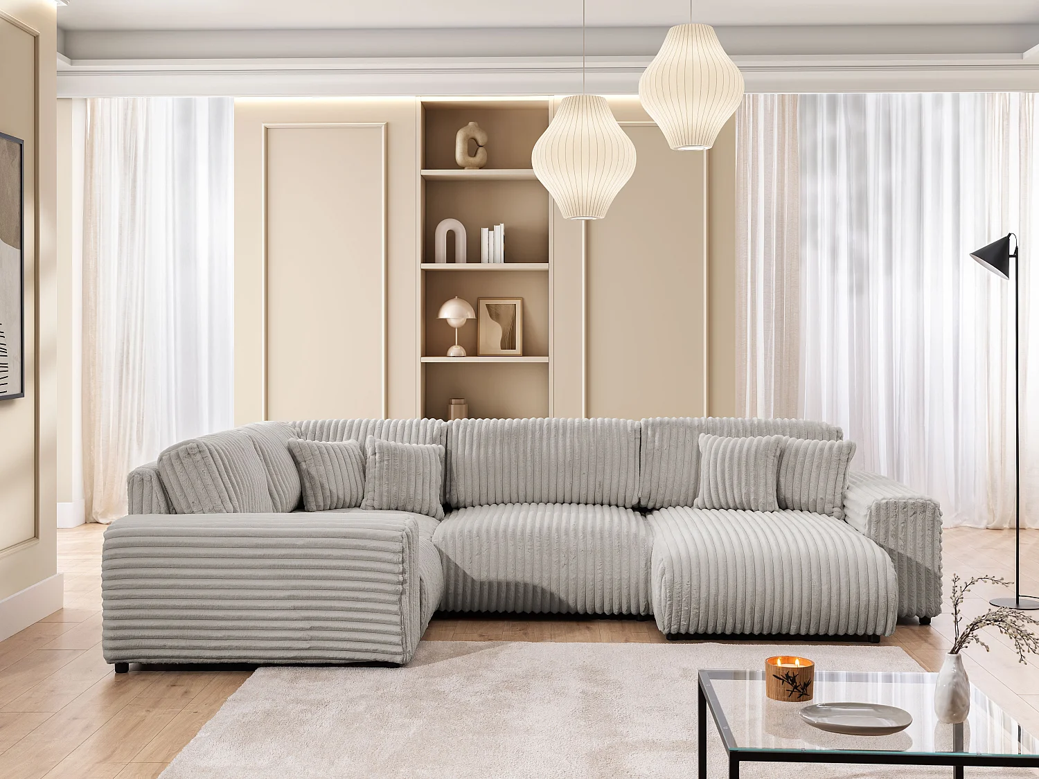 Canapé panoramique XXL avec fonction couchage et coffre de rangement en velours côtelé pelucheux gris clair MOLLIS