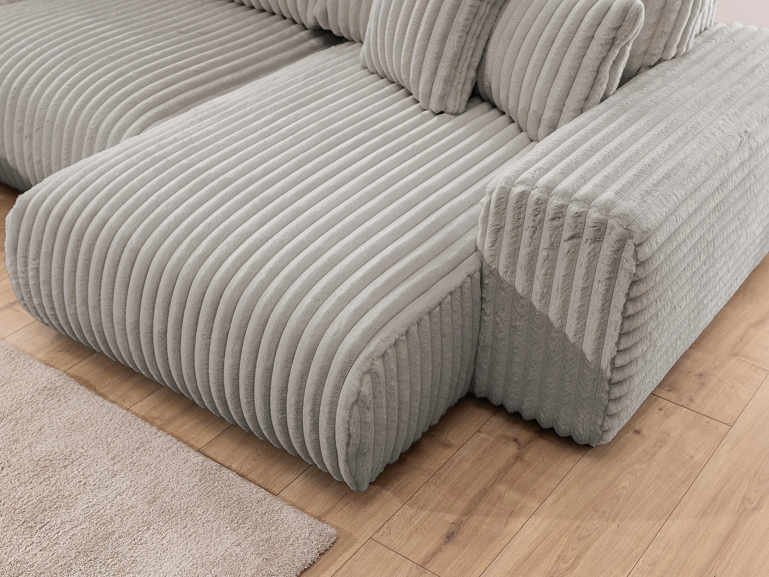 Canapé panoramique XXL avec fonction couchage et coffre de rangement en velours côtelé pelucheux gris clair MOLLIS