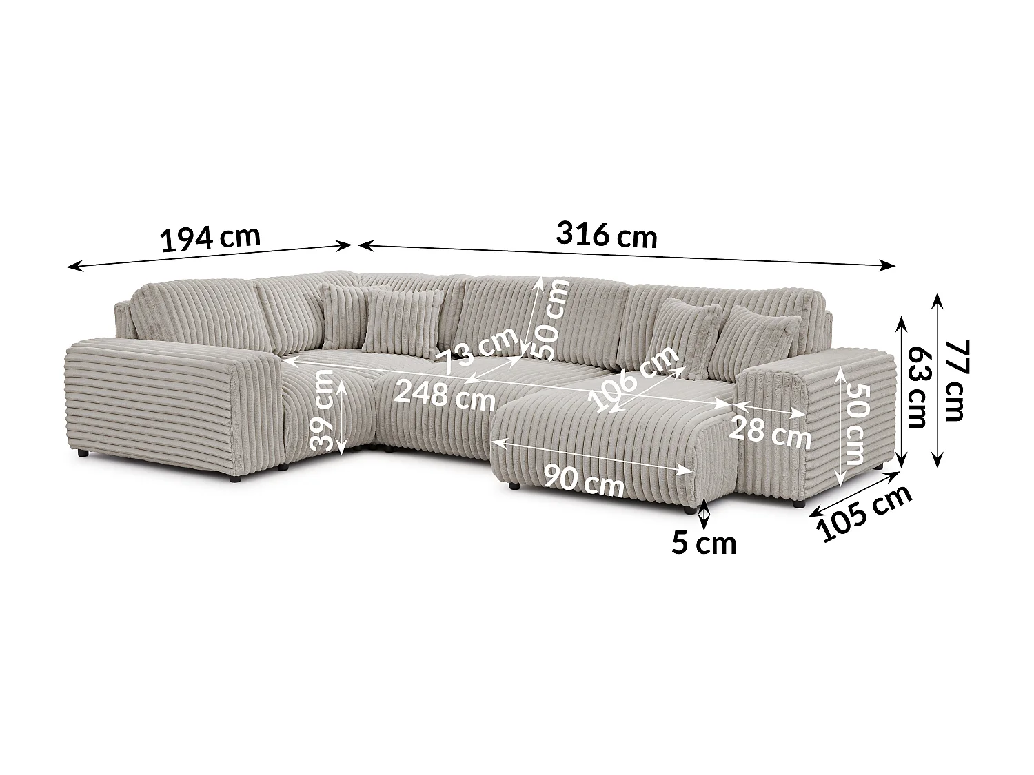 Canapé panoramique XXL avec fonction couchage et coffre de rangement en velours côtelé pelucheux gris clair MOLLIS